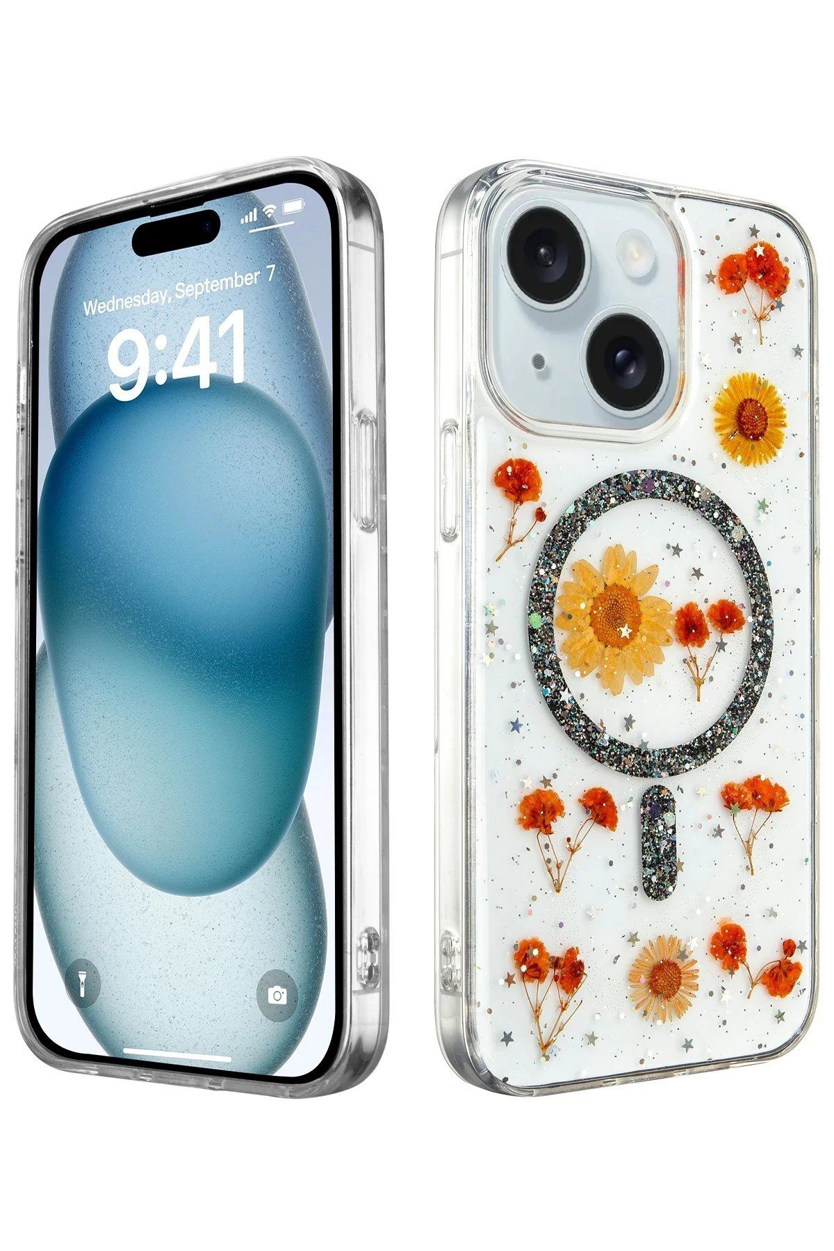 Toptan Bulurum iPhone 14 Kılıf Daisy Simli Magsafe Kapak - Siyah