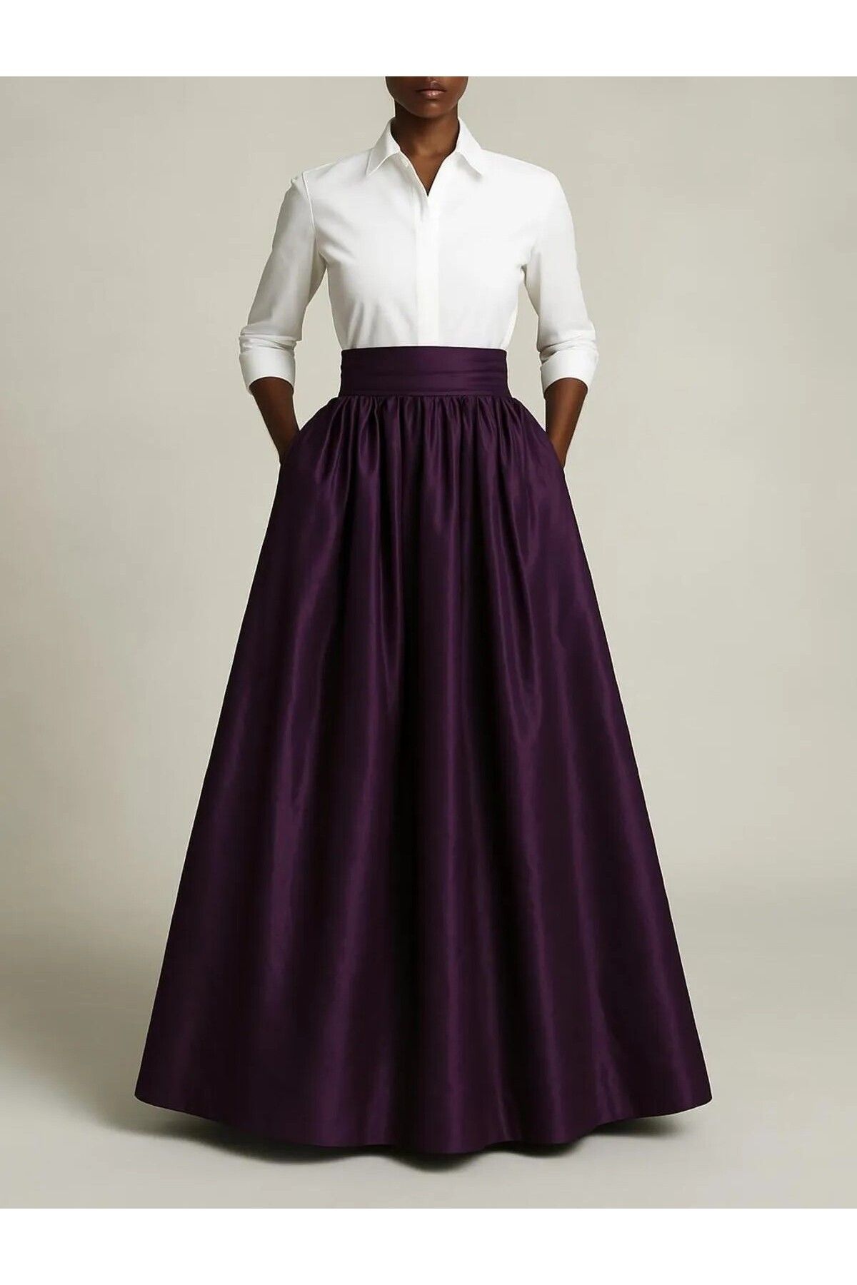 UNTIMELY Color-Block Detaylı & Kuşaklı Maxi Boy Şık Tafta Gömlek Elbise