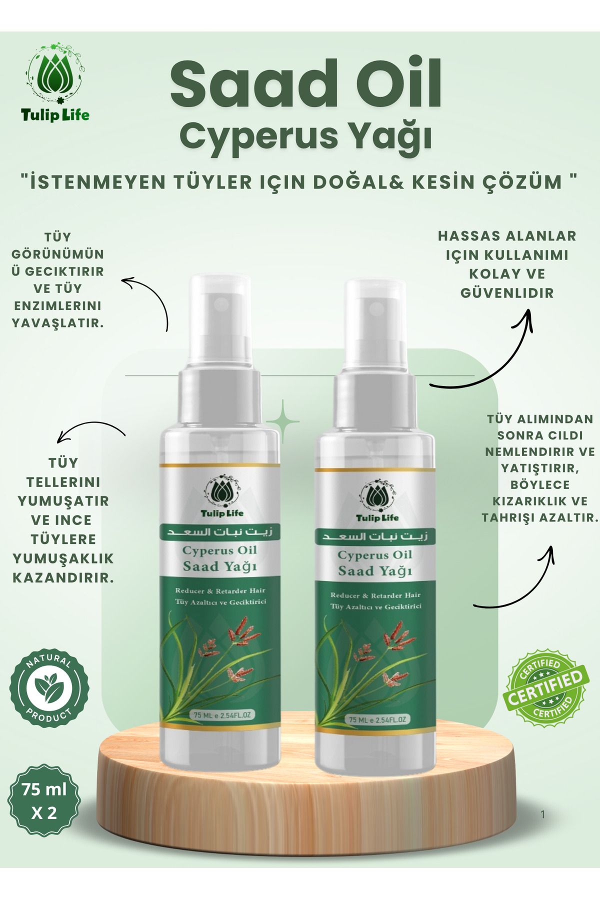 Tuliplife Tüy Azaltıcı Dökücü Incetici Saad Oil ( Cyperus Rotundus Oil ) 75 ml ( (2 pieces)