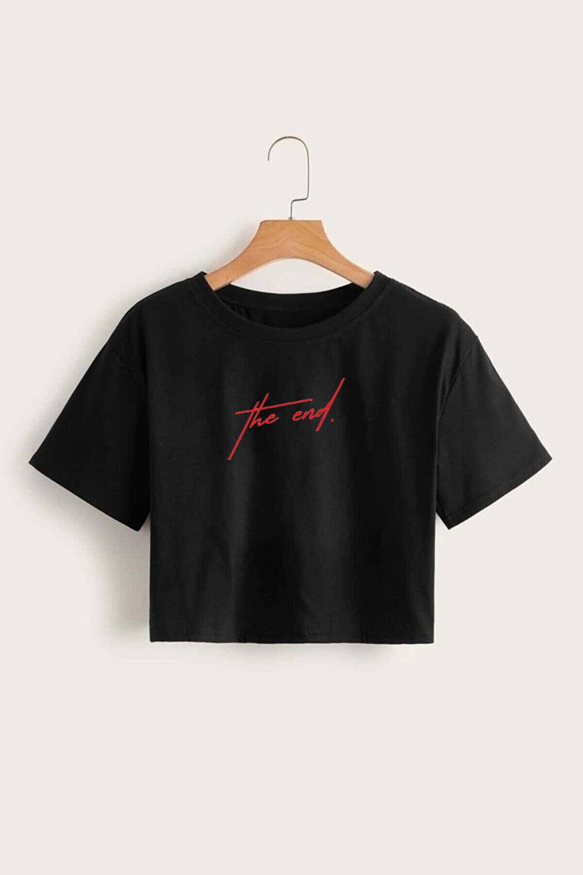 GRİLAND Kadın Siyah The End Baskılı Crop Likralı Pamuklu Slim Fit Kısa Crop