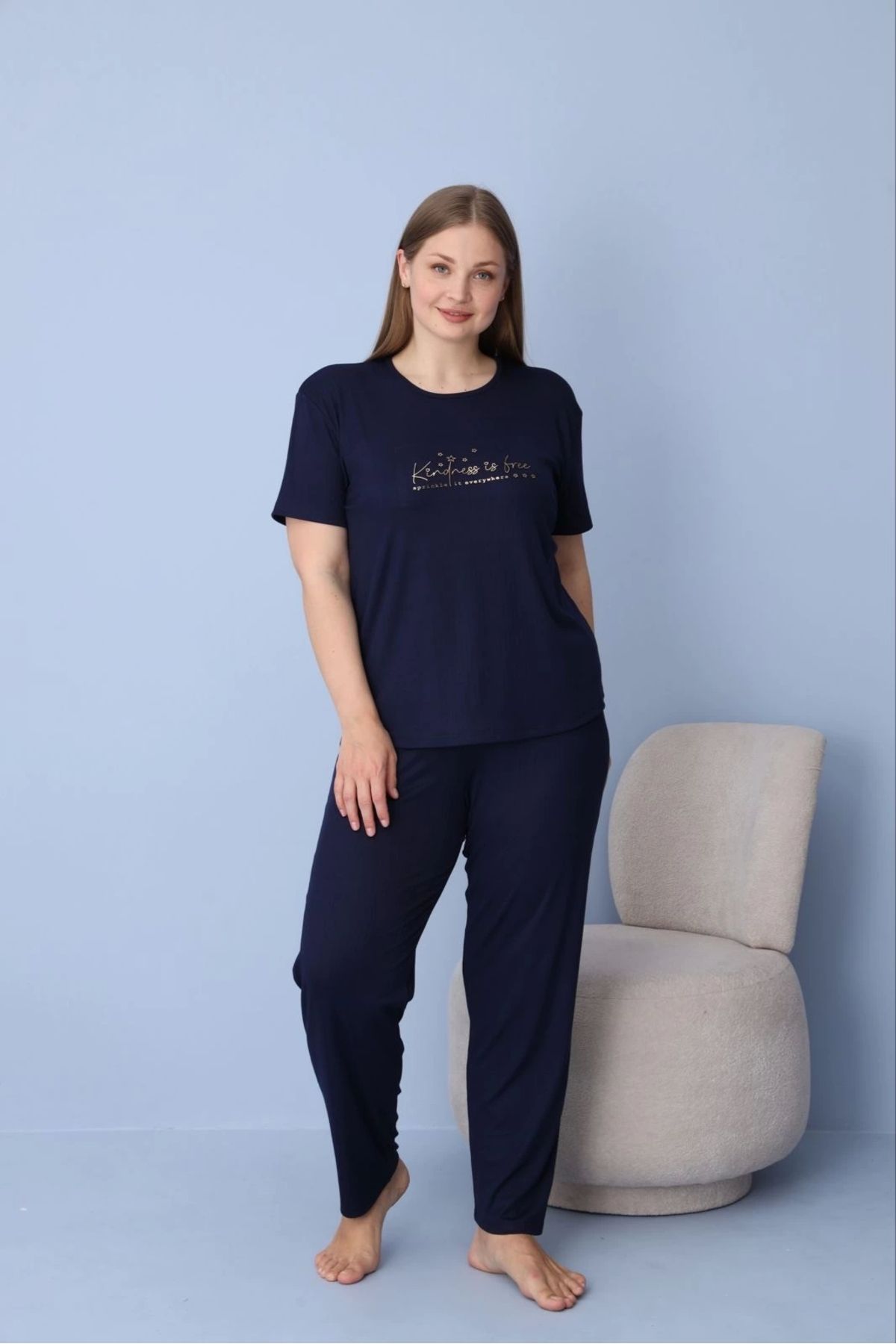 Pijamoni Kadın Büyük Beden Lacivert Kısa Kollu Dublin Kumaş Pijama Takımı – 5425
