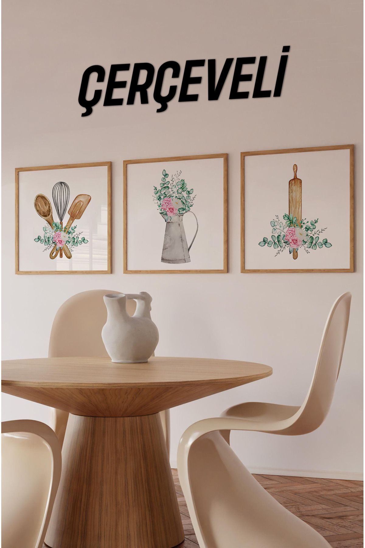 kutuTR 🩷 Pastel Çiçekli Vintage Mutfak Temalı 3’lü MDF Tablo Seti KR4059
