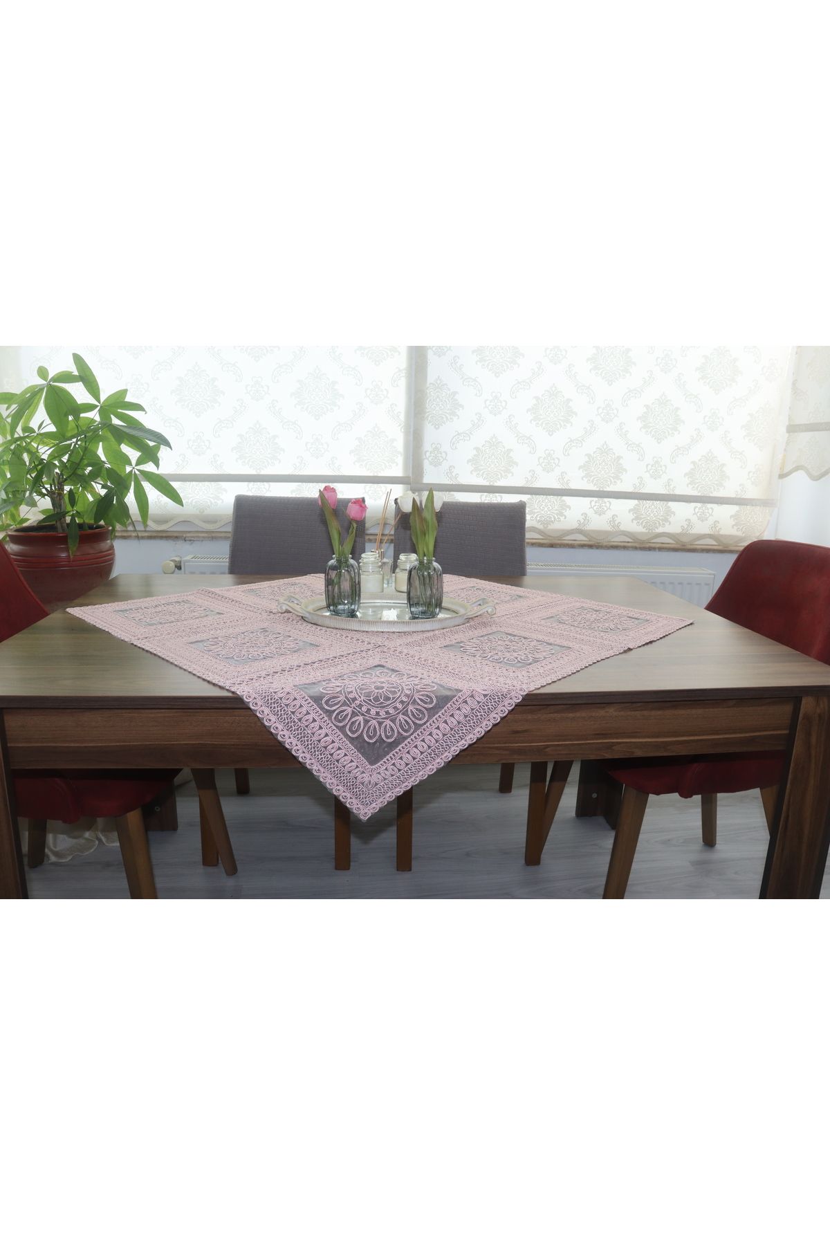 SNMHOME DANTEL fiskos & masa örtüsü Lüks tasarım pembe renk (95x95) cm.