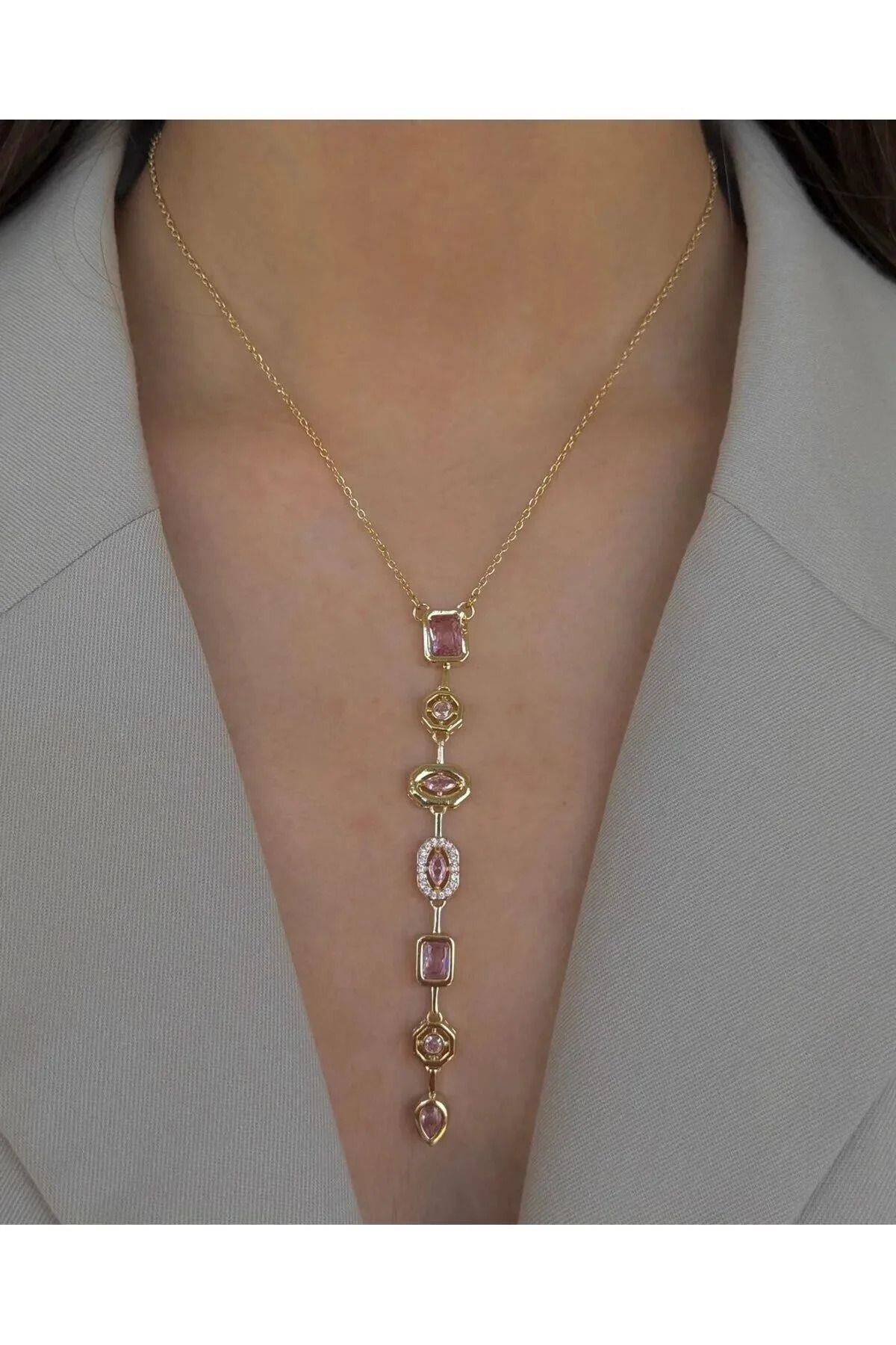 staınless steel Aurine Jewelry Pembe Taşlı Çelik Y Kolye