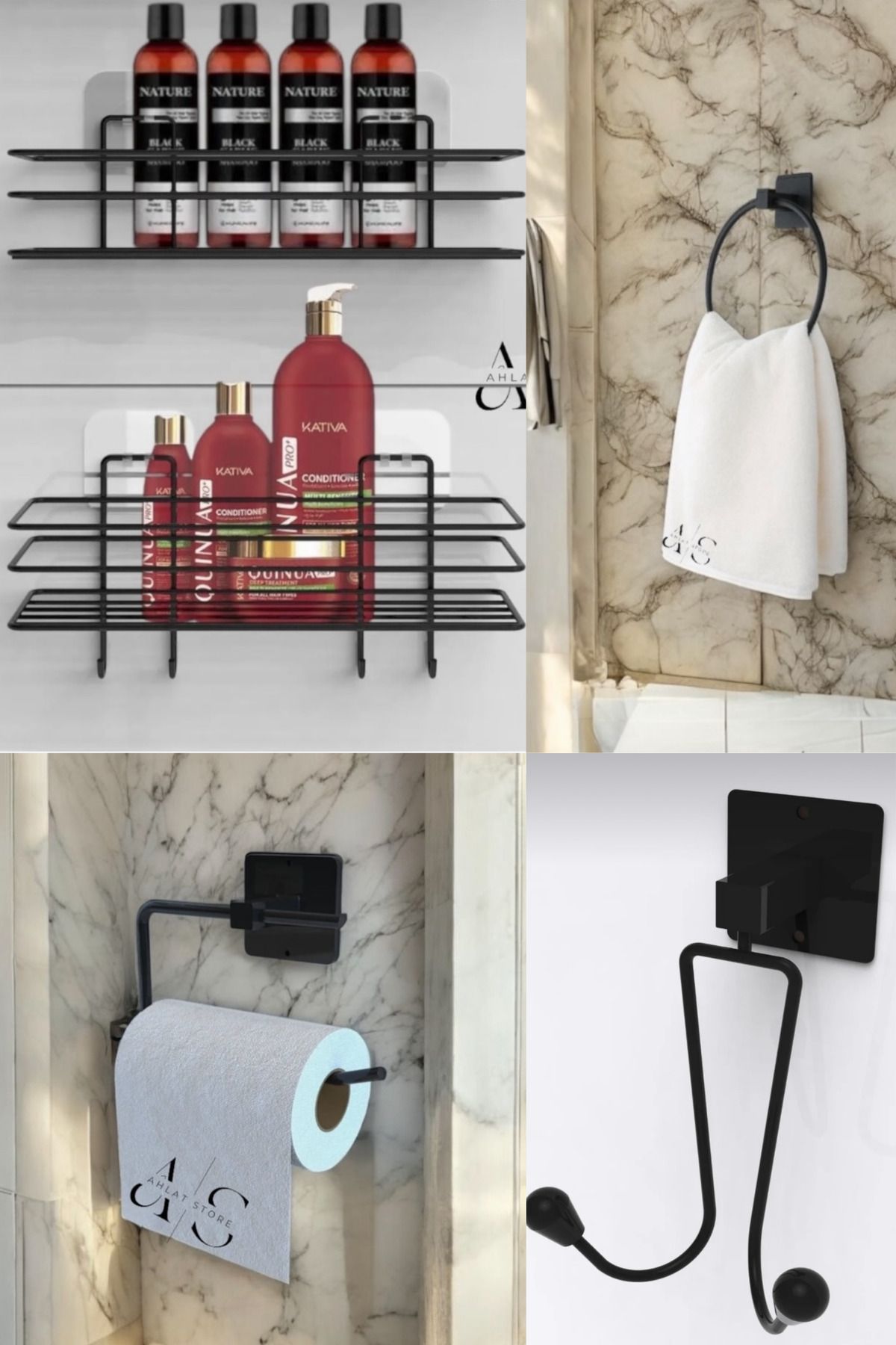 Ahlat Store Siyah 5'li Banyo Seti 2li Duş Rafı, Yuvarlak Havluluk, Wc Kağıtlık, Askılık