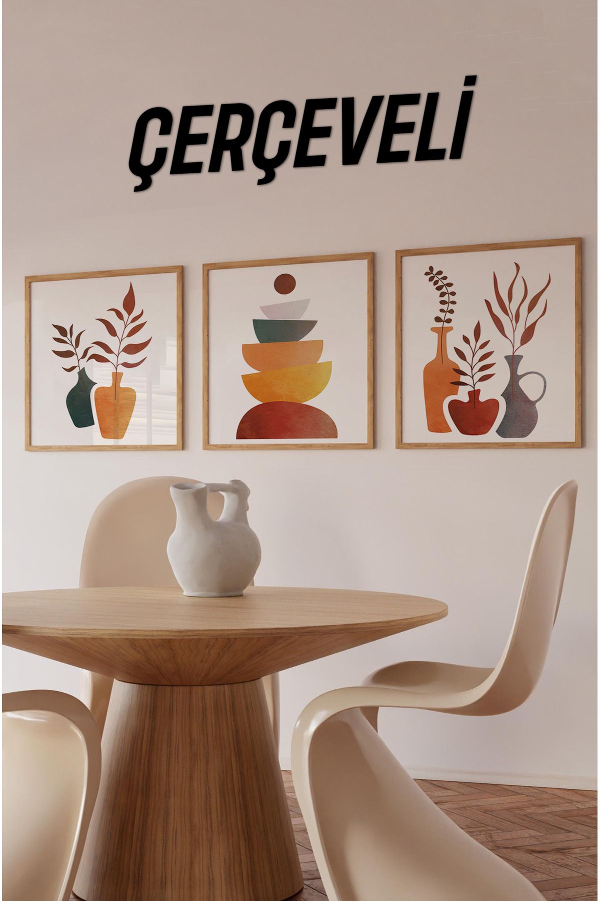 kutuTR 🧡 Doğal Renklerle Dekoratif Minimal Vazo ve Kase 3'lü MDF Tablo Seti KR4058