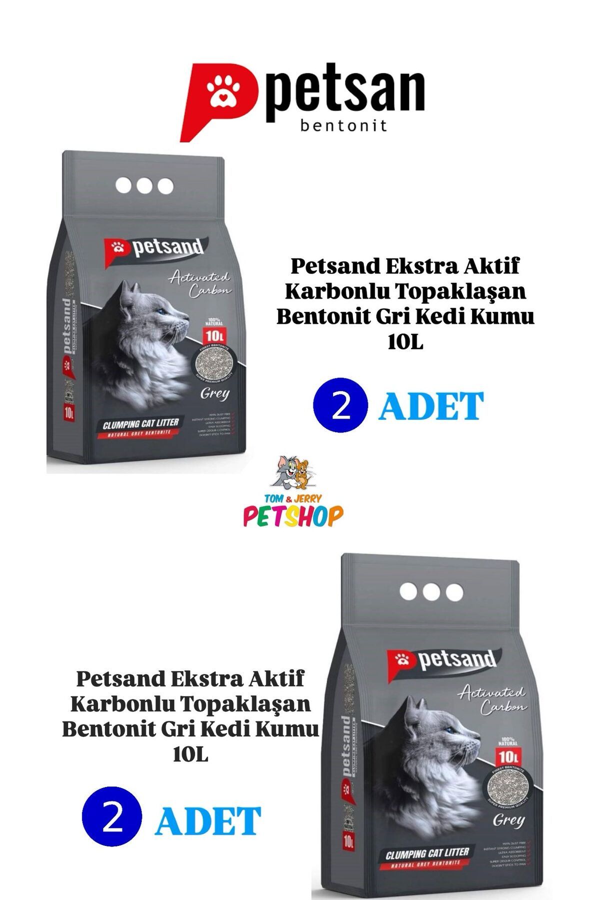 PETSAND TOM&JERRY PETSHOP- Ekstra Aktif Karbonlu Güçlü Topaklanan %99.5 Tozsuz Grey Kedi Kumu 10 LT x 2 Adet