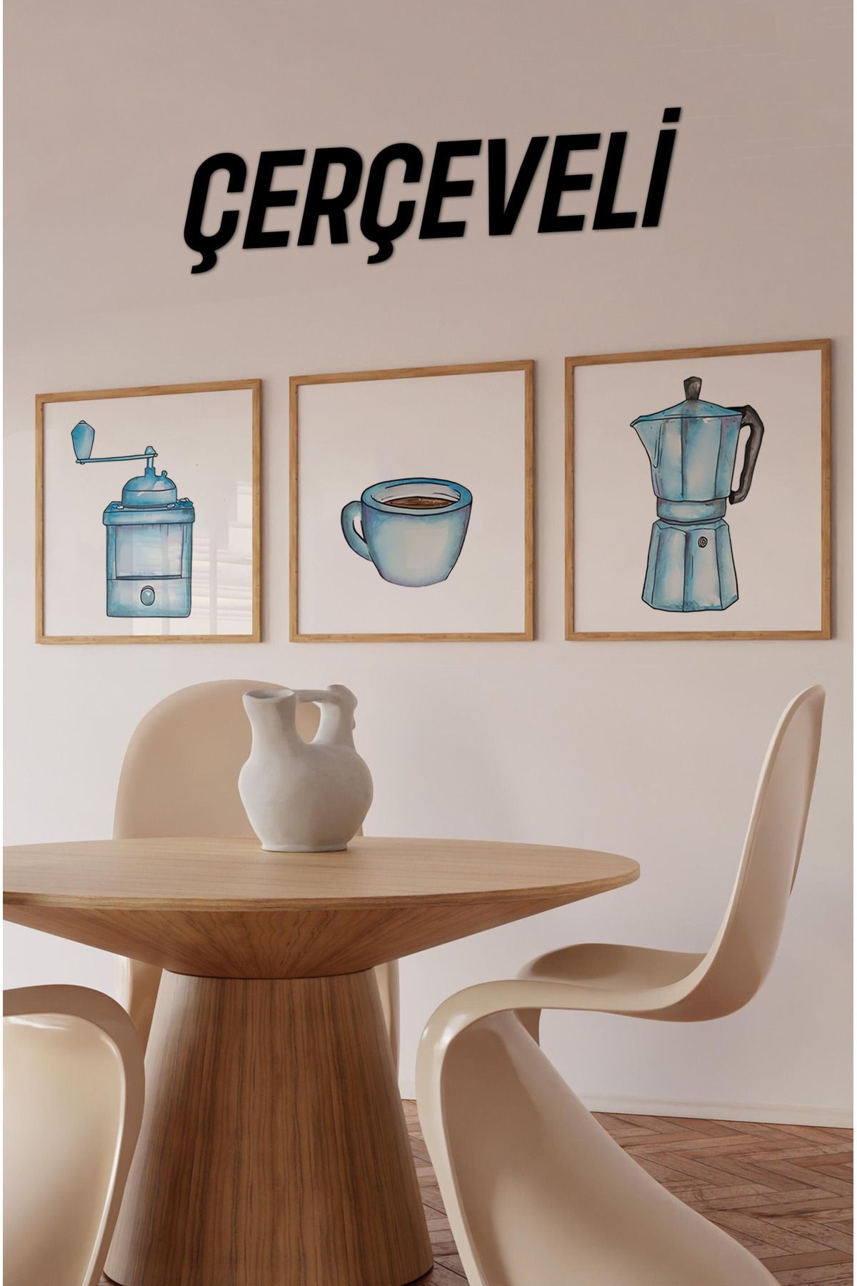 kutuTR 🔵 Maviyle Başlayan Lezzetli Hikâyeler – 3’lü MDF Kahve Temalı Çerçeveli Tablo Seti KR4060