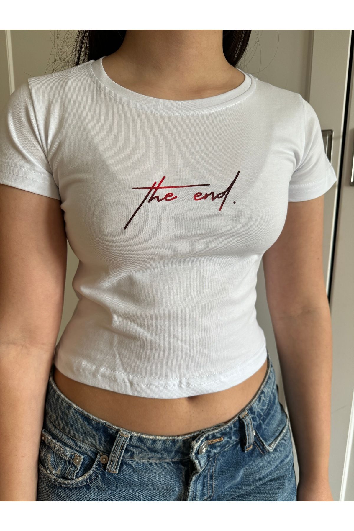 GRİLAND Kadın Beyaz The End Baskılı Crop Likralı Pamuklu Slim Fit Kısa Crop