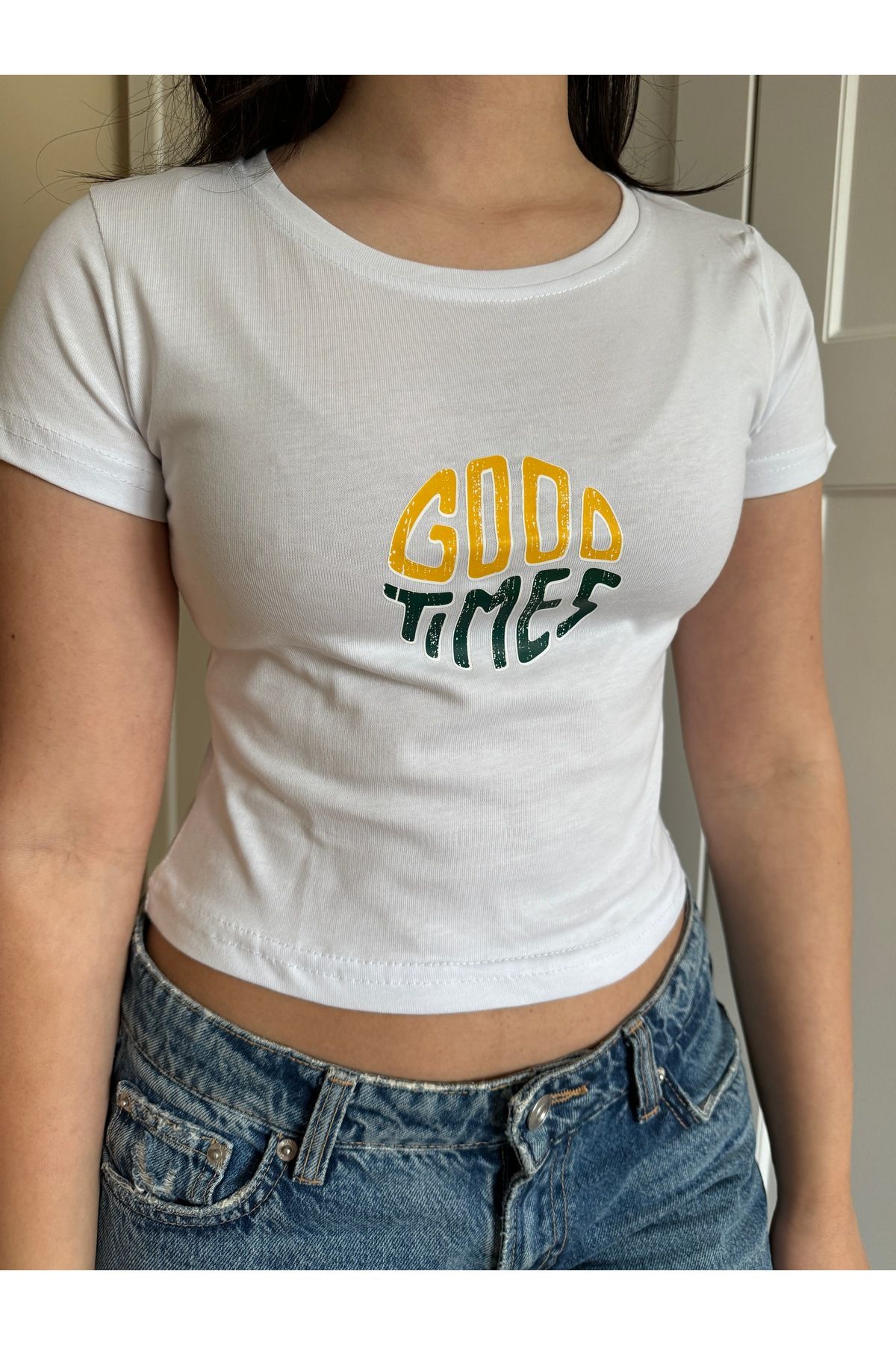 GRİLAND Kadın Beyaz Good Times Baskılı Crop Likralı Pamuklu Slim Fit Kısa Crop