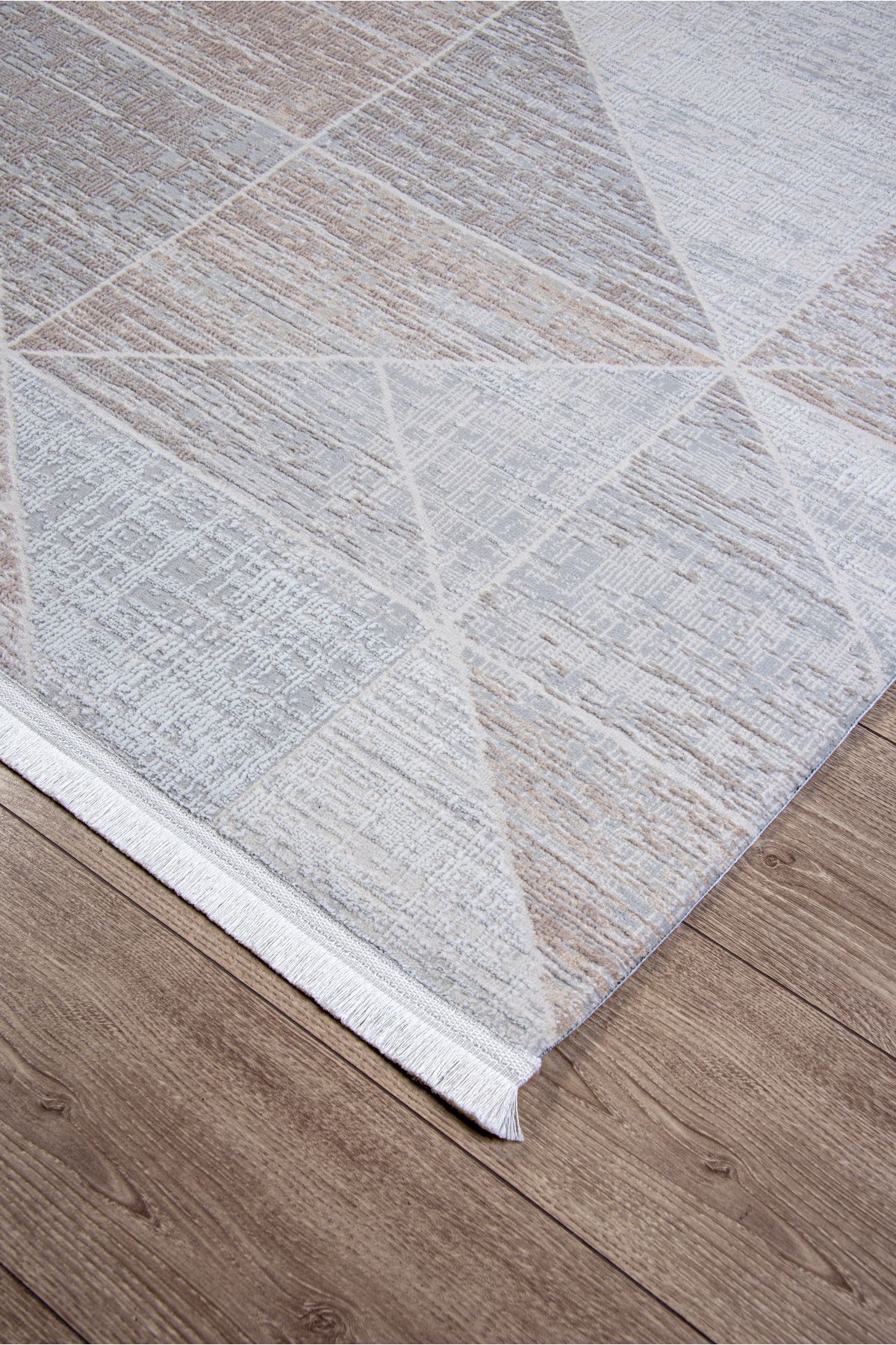 LOVELY HOME Gri Bej Polyester Halı Antibakteriyel Tozumaz Saçaklı Salon Oturma Çocuk Odası Makine Yolluk