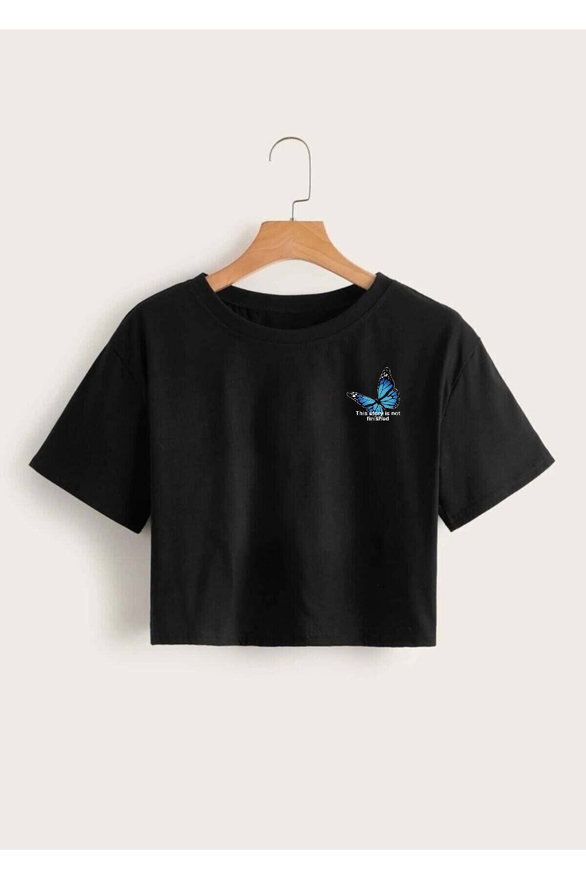 GRİLAND Kadın Siyah Kelebek Baskılı Crop Likralı Pamuklu Slim Fit Kısa Crop