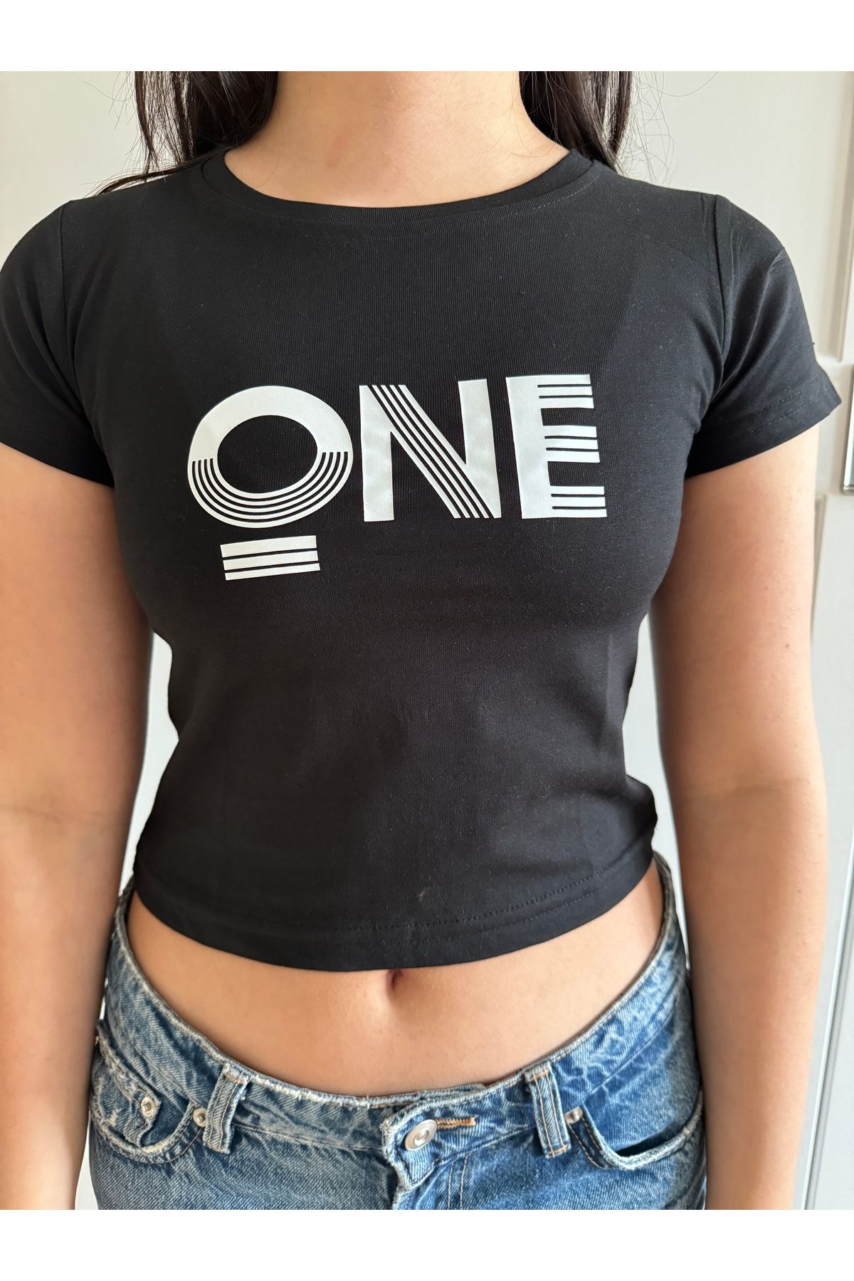 GRİLAND Kadın Siyah One Baskılı Crop Likralı Pamuklu Slim Fit Kısa Crop