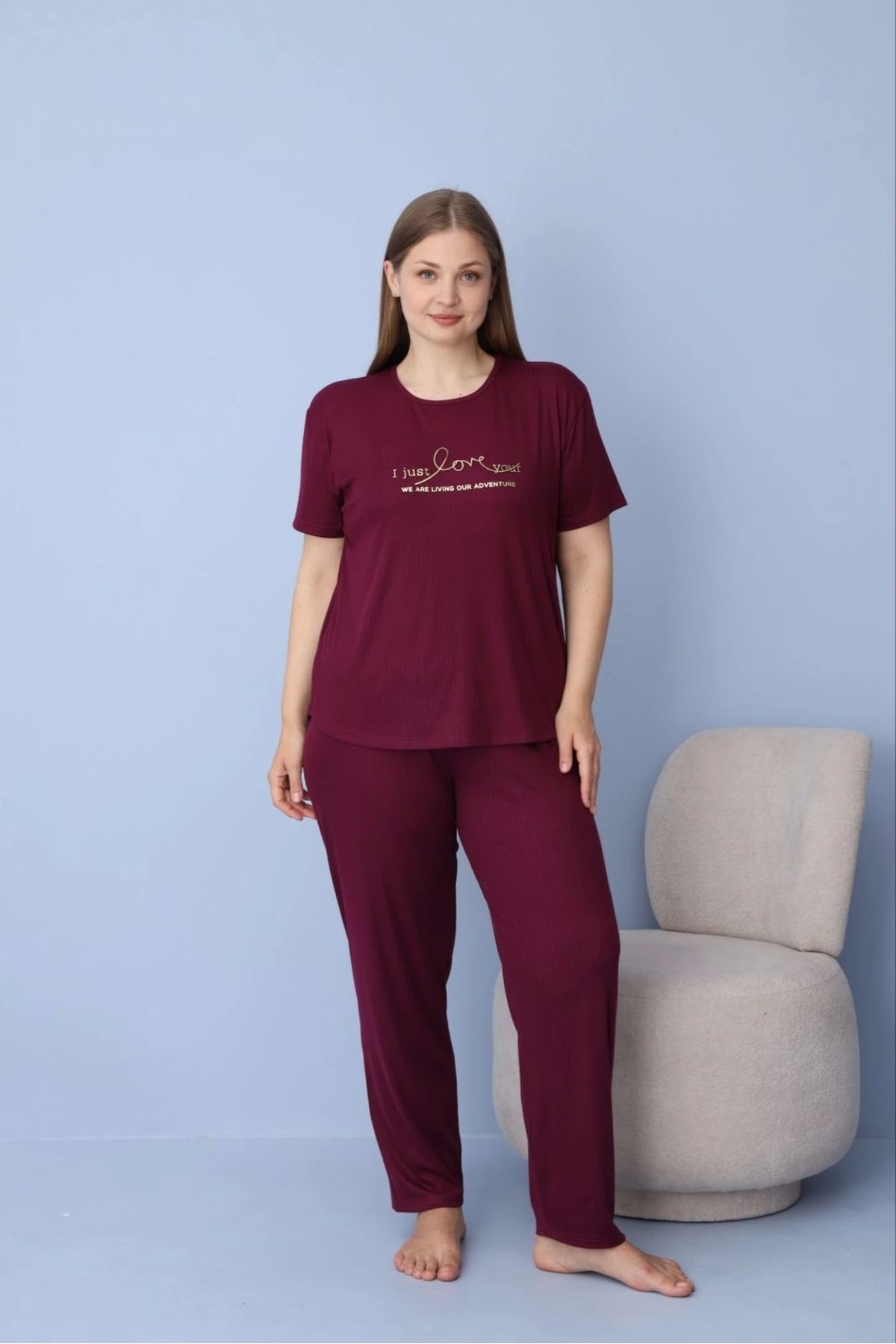 Pijamoni Kadın Büyük Beden Mürdüm Kısa Kollu Dublin Kumaş Pijama Takımı – 5425