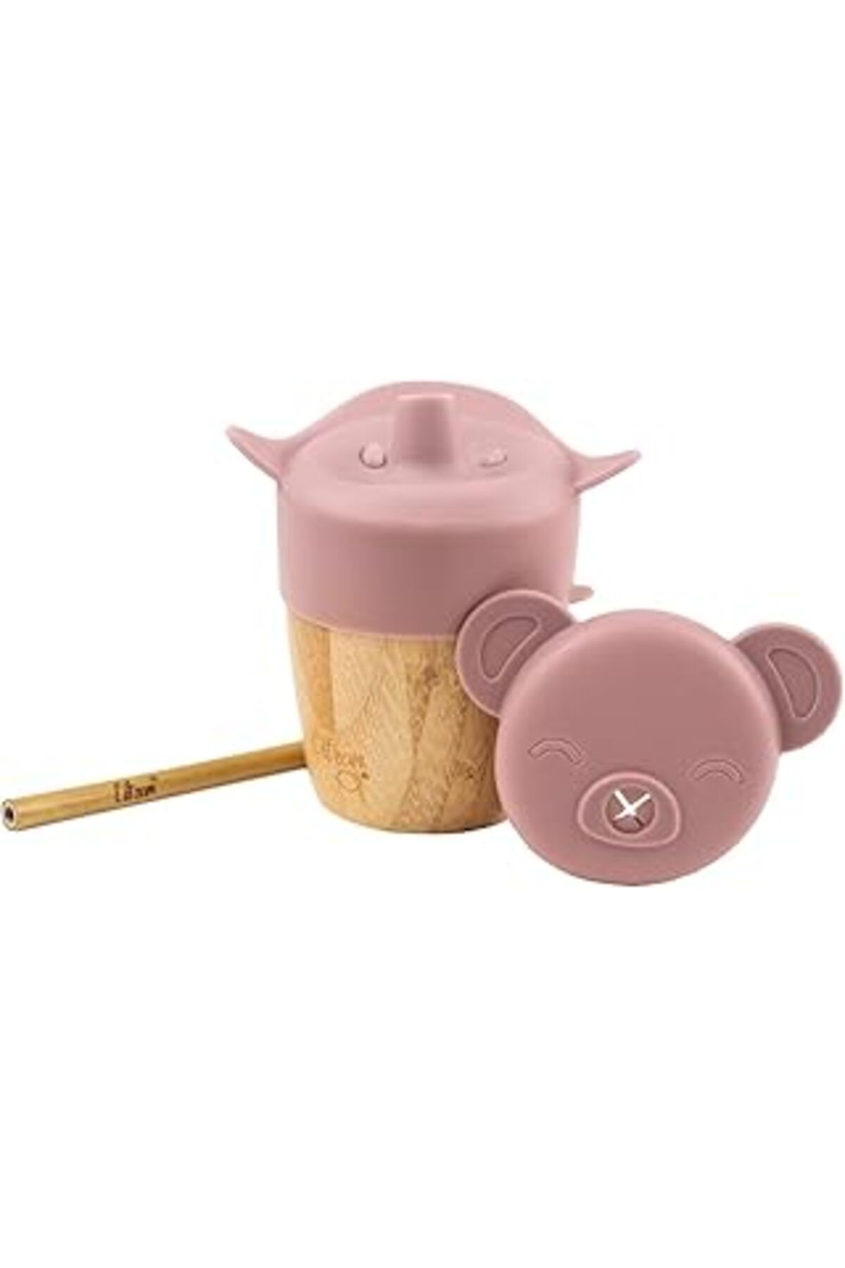 Qedii Citron Citron 2'Si 1 Arada Kapaklı Ve Pipetli Organik Bambu Alıştırma Bardağı - Pink 1073643