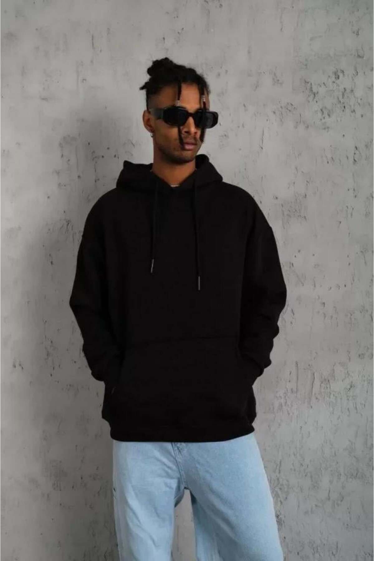 modamtn Erkek Düz Kapüşonlu Sweat - Siyah