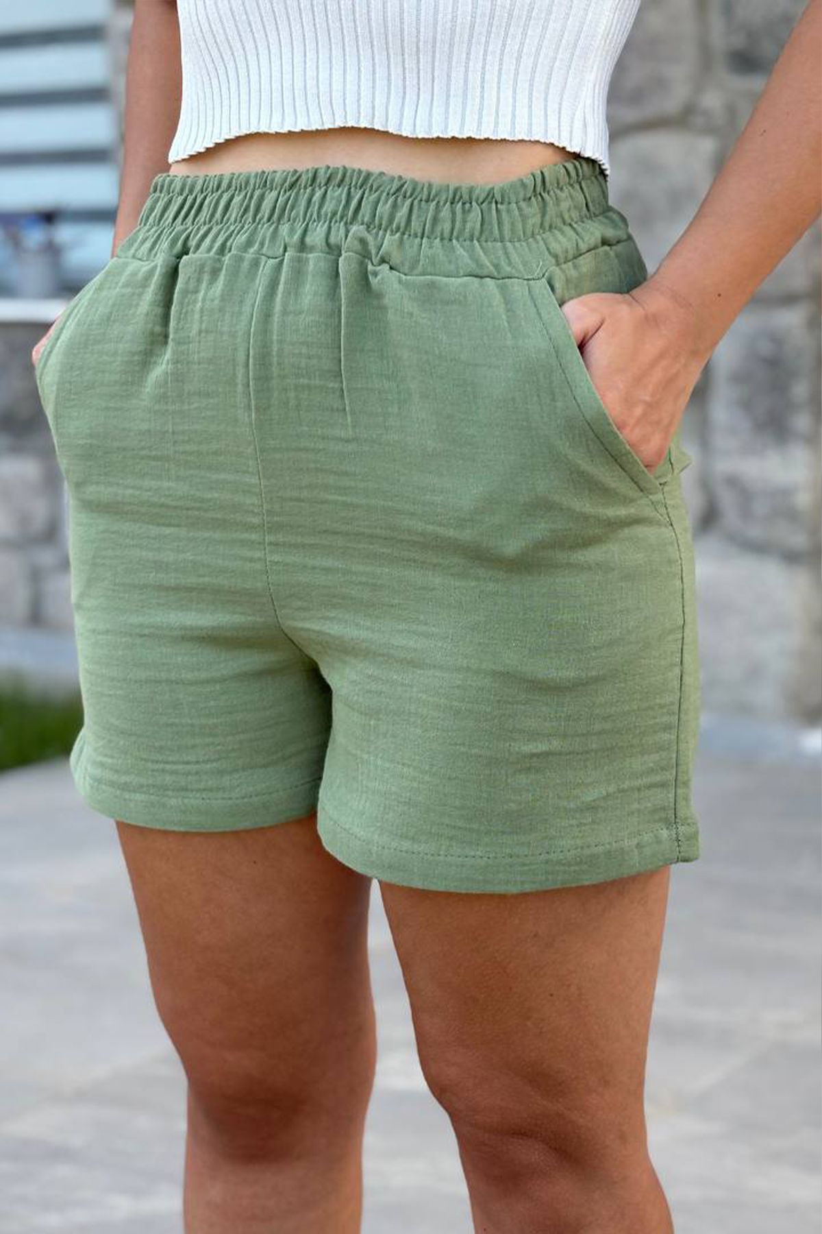 db didem butik Müslin Kumaş Kısa Şort 40 Cm boy %100 pamuk ;Terletmez Renk atmaz