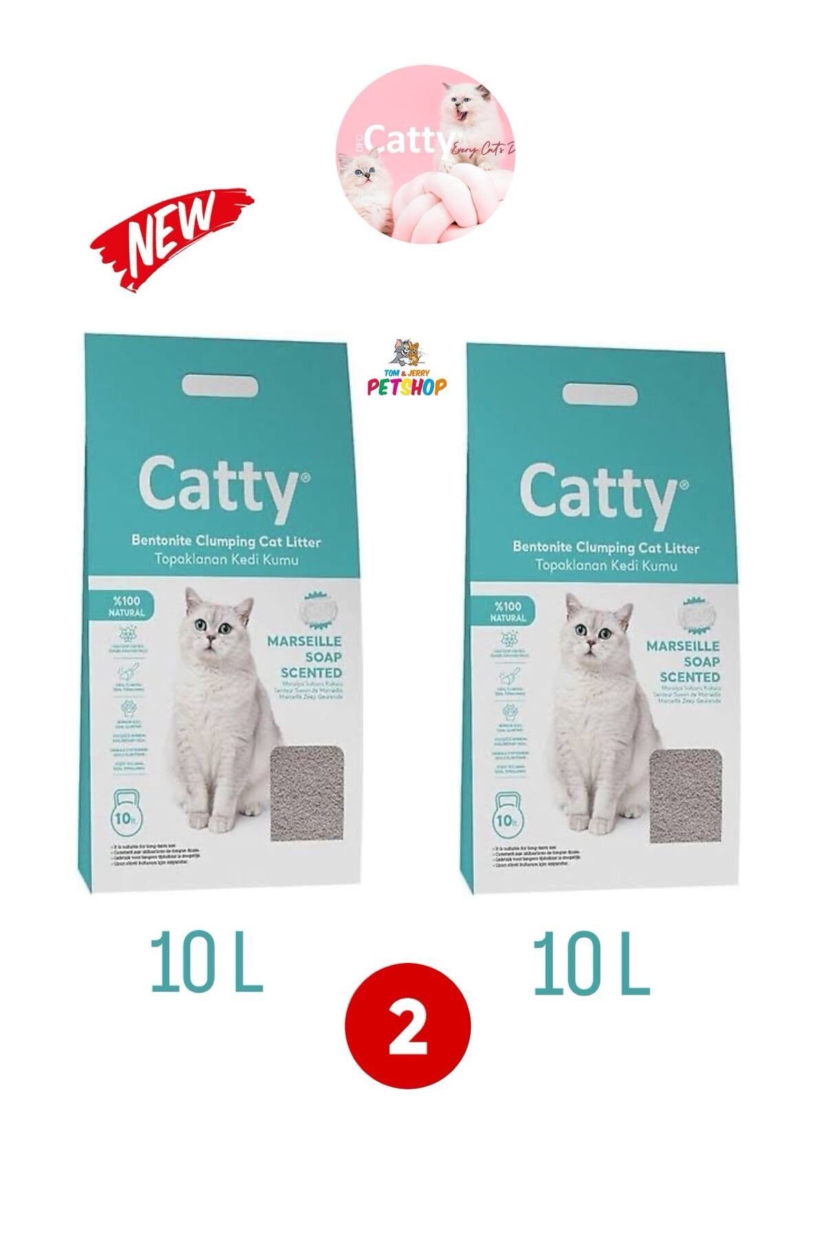 Catty TOM&JERRYPETSHOP-Marsilya Sabunu Kokulu Ince Taneli Bentonit Topaklaşan Kedi Kumu 10 Lt 2 ADET
