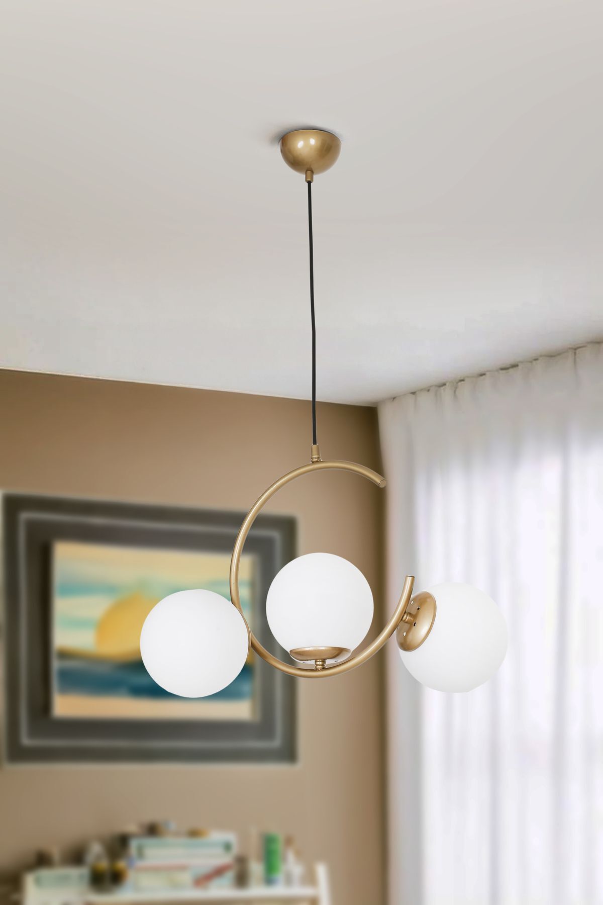 Foggia Lima 3lü Eskitme Mat Gold Beyaz Camlı Modern Genç Odası Yemek Masası Üstü Salon Avize