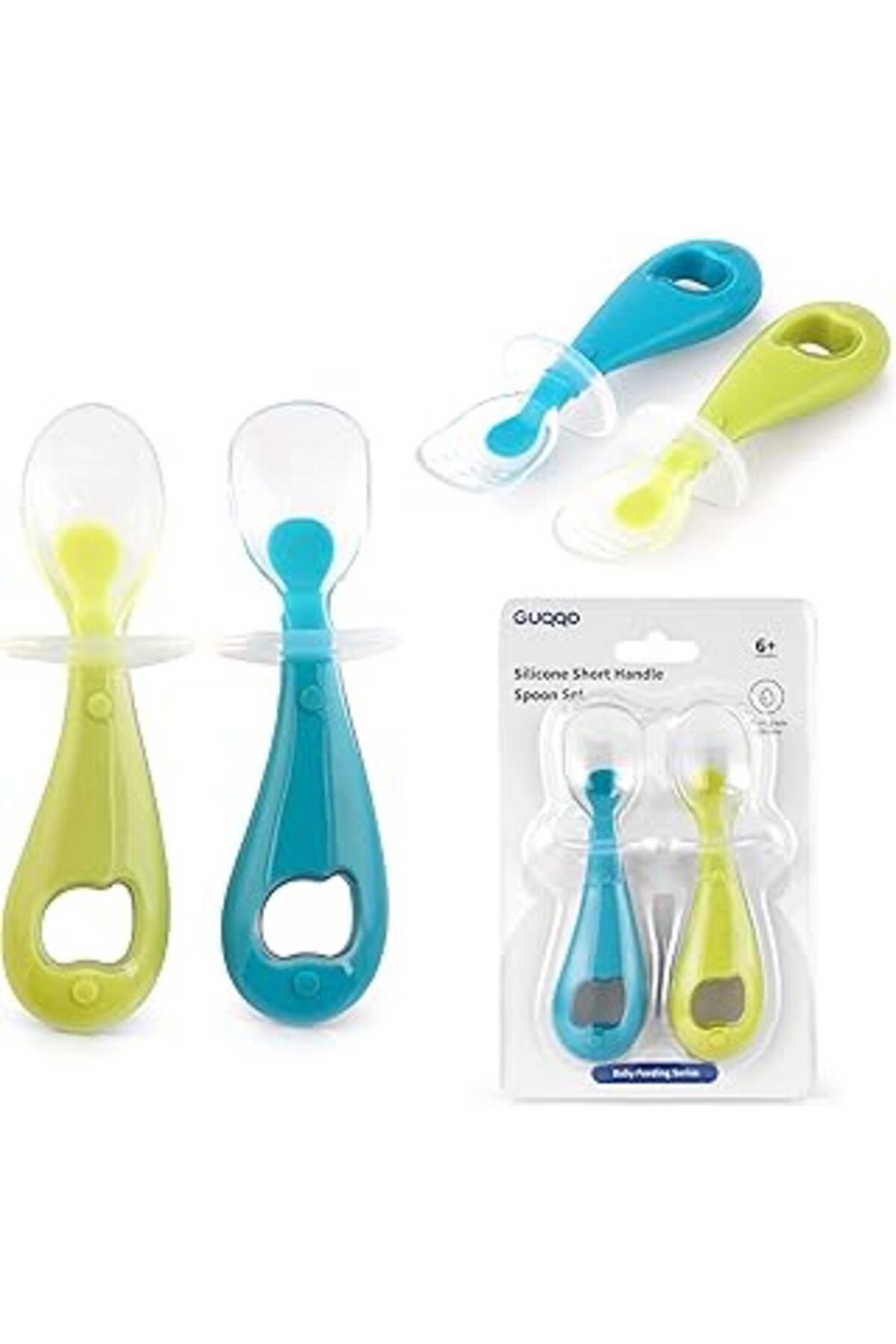 Qedii Guqqo Silikon Bebek Mama Kaşık Seti, Diş Kaşıyıcı, 2 Li Set, Mavi Yeşil