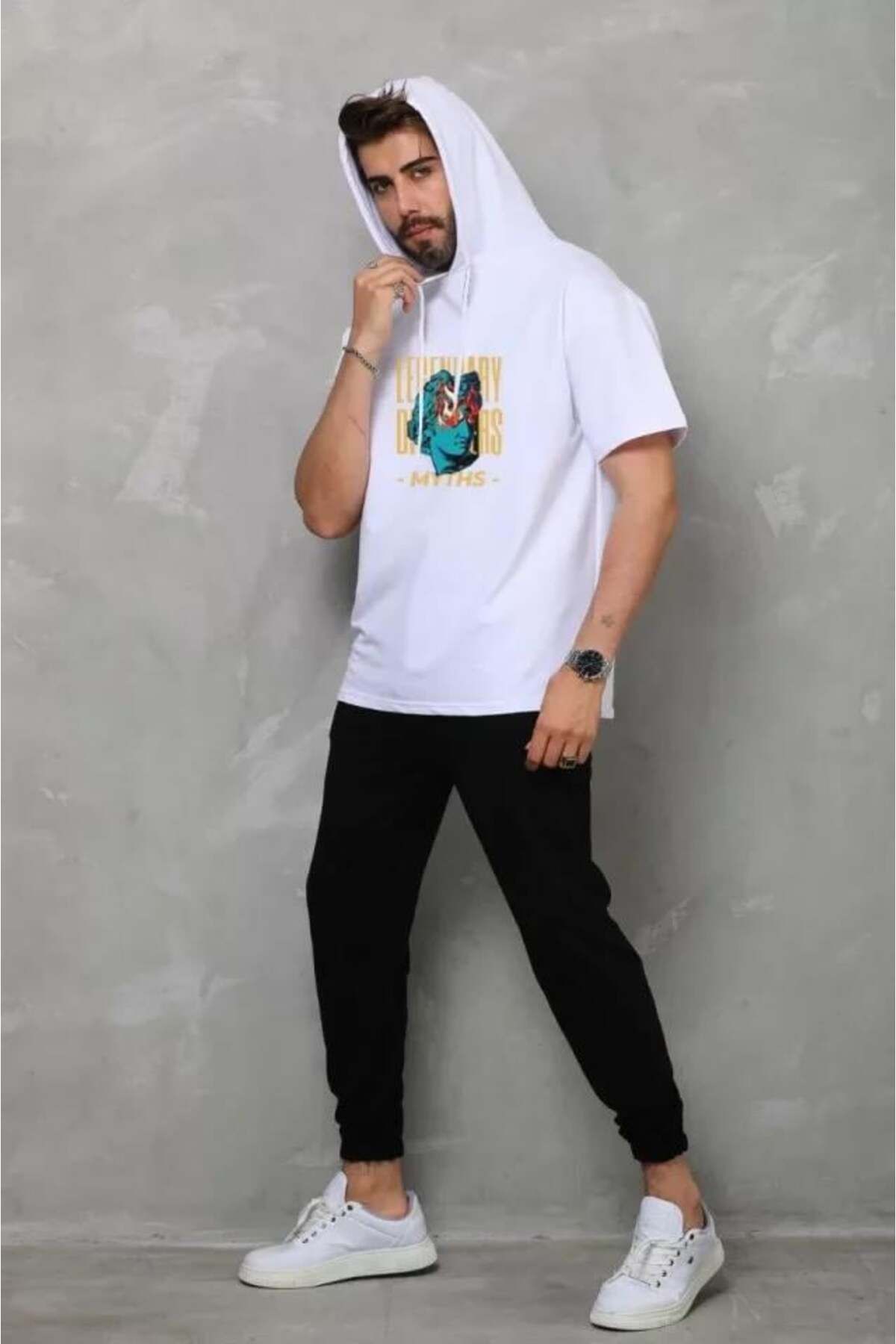 modamtn Unisex Kapşonlu Kolsuz Oversize Baskılı Tişört - Beyaz