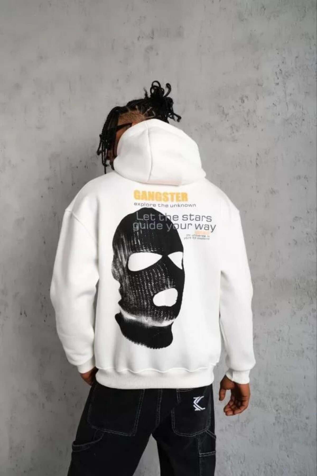 modamtn Erkek Kordonlu Maske Baskılı Kapüşonlu Sweat - Beyaz