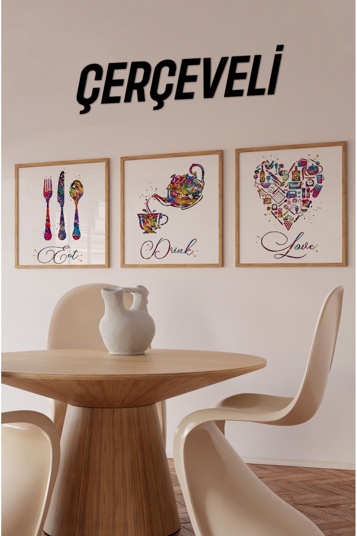 kutuTR 🌈 Eat, Drink, Love – Renkli Mutfak Temalı 3’lü Tablo Seti (Ebat Seçenekli) KR4062