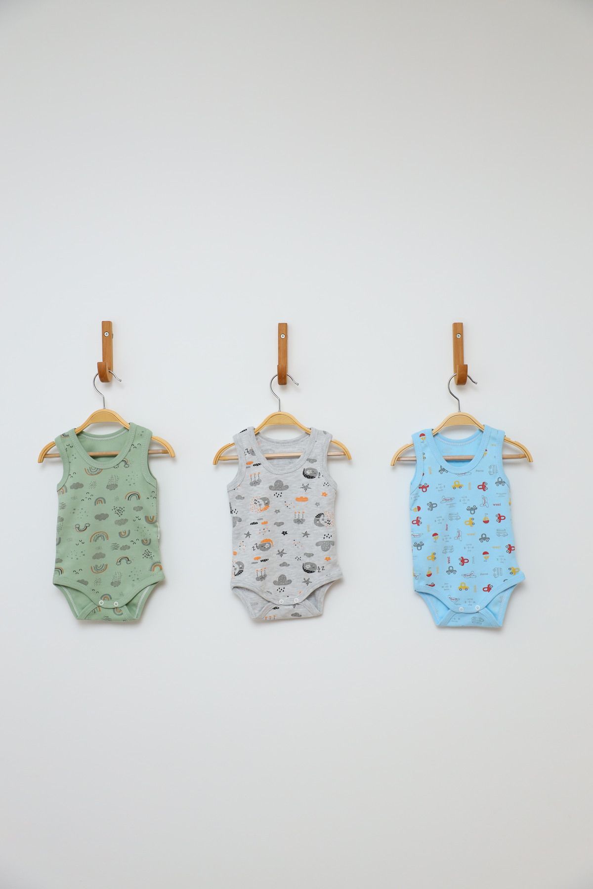 Vivolas Bebek Çıtçıtlı Body Desenli %100 Organik Pamuklu 3'Lü Askılı Zıbın Erkek Bebek & Çocuk