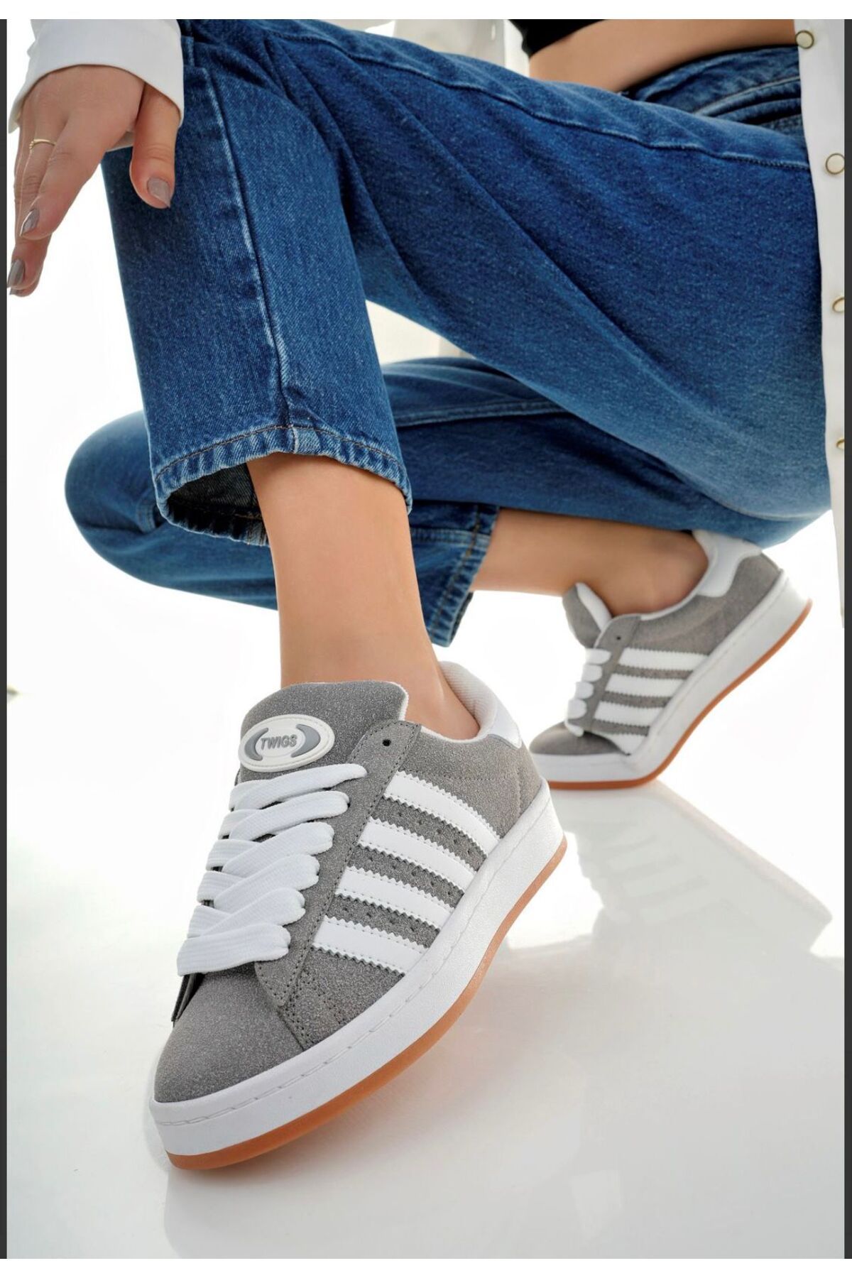 DERWARDEIN Gri Beyaz Unisex Spor Ayakkabı | Günlük Rahat Kalın Taban Sneaker