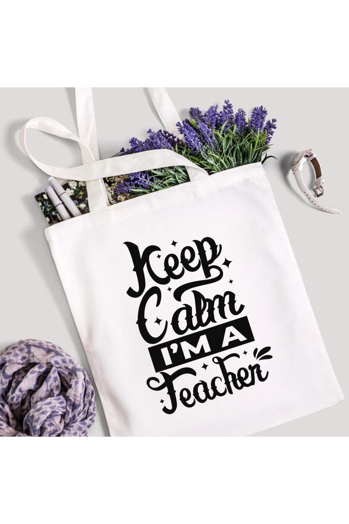 Alaa Butik Online Keep Calm I'm a Teacher Yazılı Şık ve Anlamlı Öğretmen Hediye Bez Çanta 35x40 cm