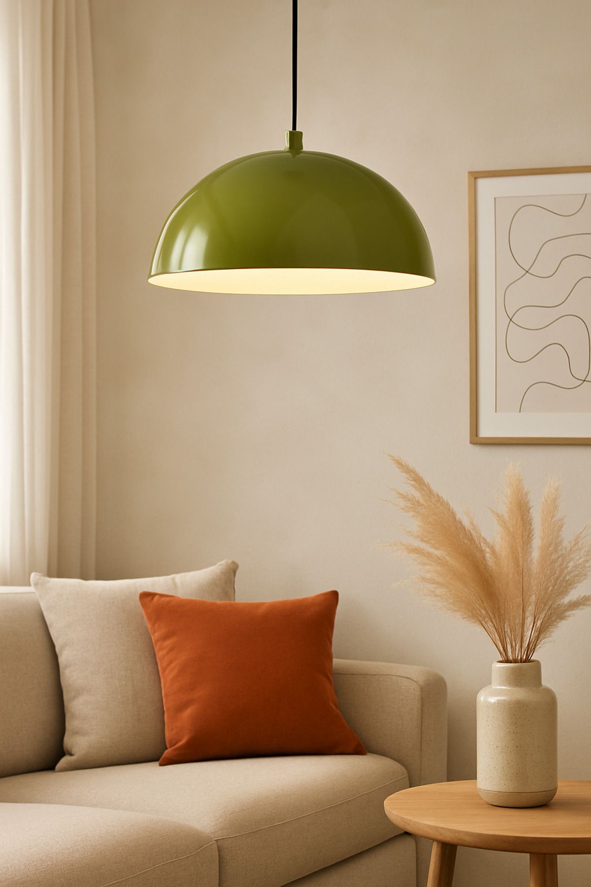 epifanio BoldLine Sarkıt Avize – Zeytin Yeşili Metal Dome Tasarım, Salon Mutfak Antre İçin Aydınlatma