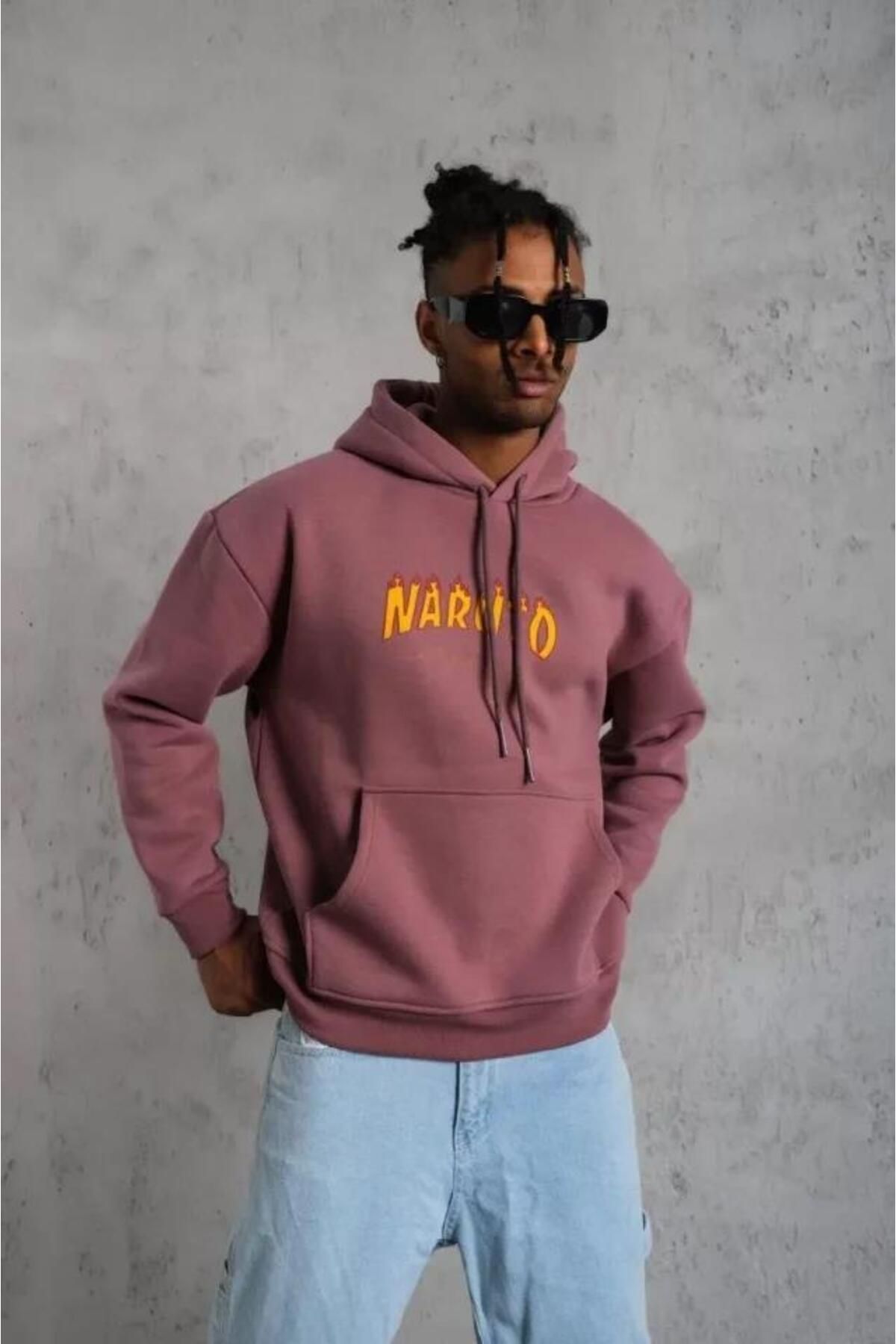 modamtn Erkek Baskılı Sweat Kapüşonlu - Gül Kurusu