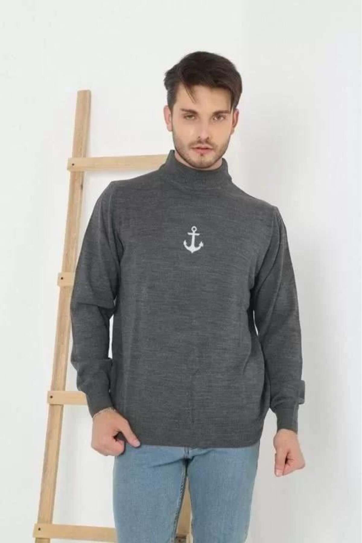 modamtn Unisex Yarım Boğazlı Baskılı Dokuma Triko - Füme