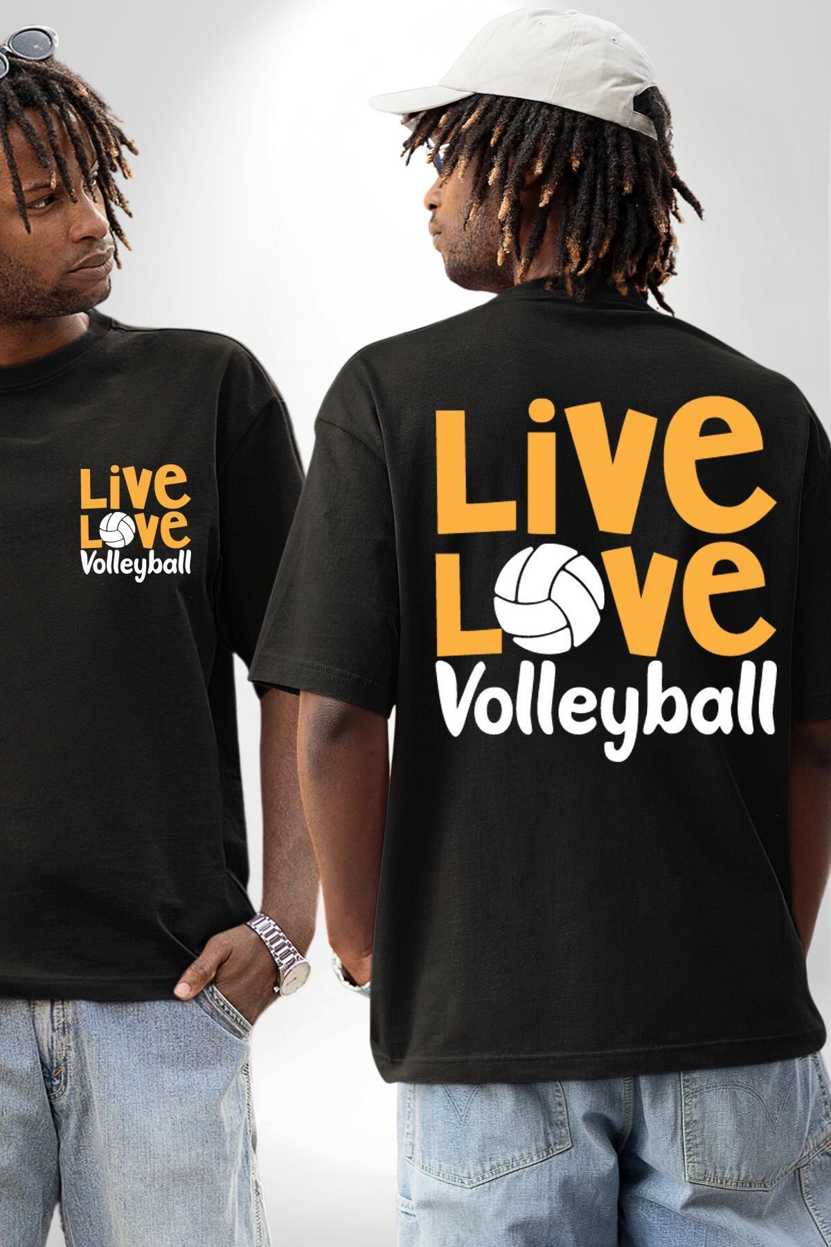 Angemiel Live Love Voleybol Hayatım Siyah Oversize Kadın Erkek Ön ve Sırt Baskılı Tişört