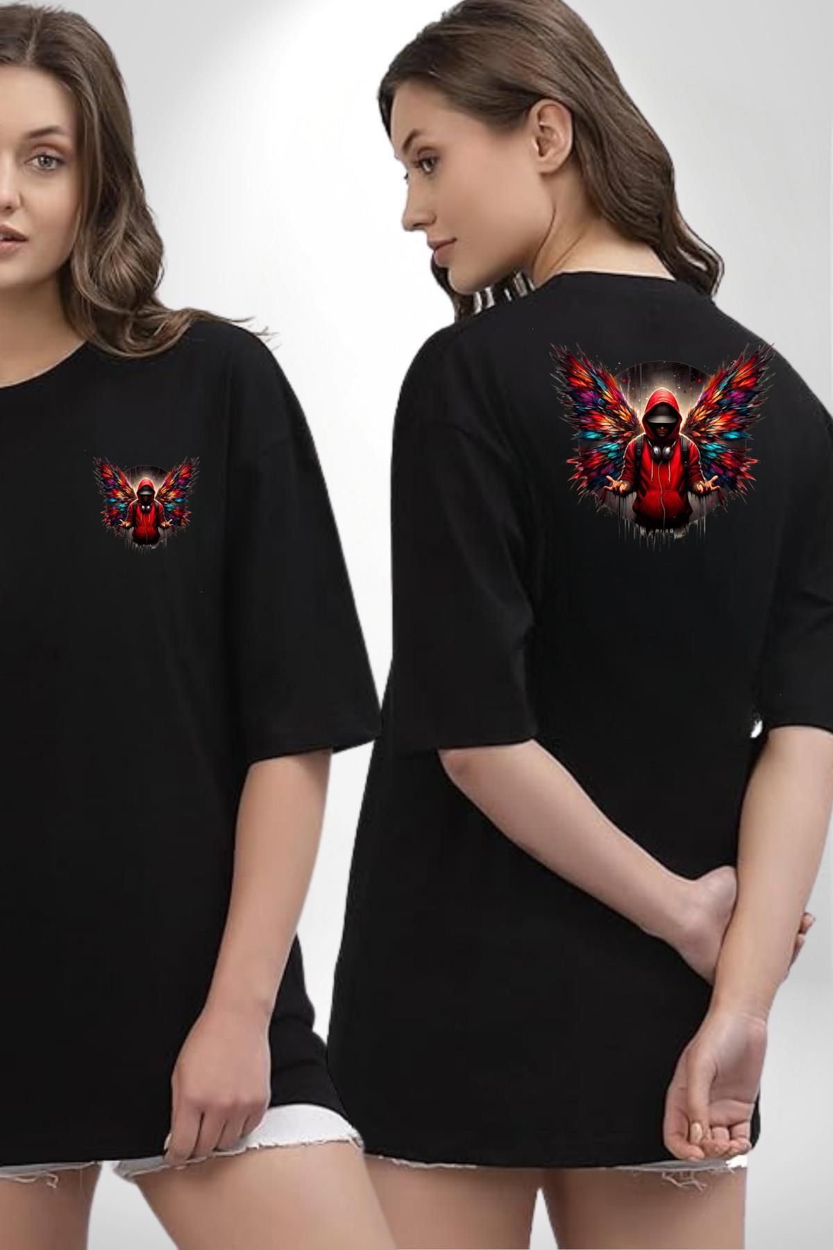Angemiel Hip Hop Stil Kırmızı Kapüşonlu Kanatlı Erkek Siyah Oversize Kadın Erkek Ön ve Sırt Baskılı Tişört