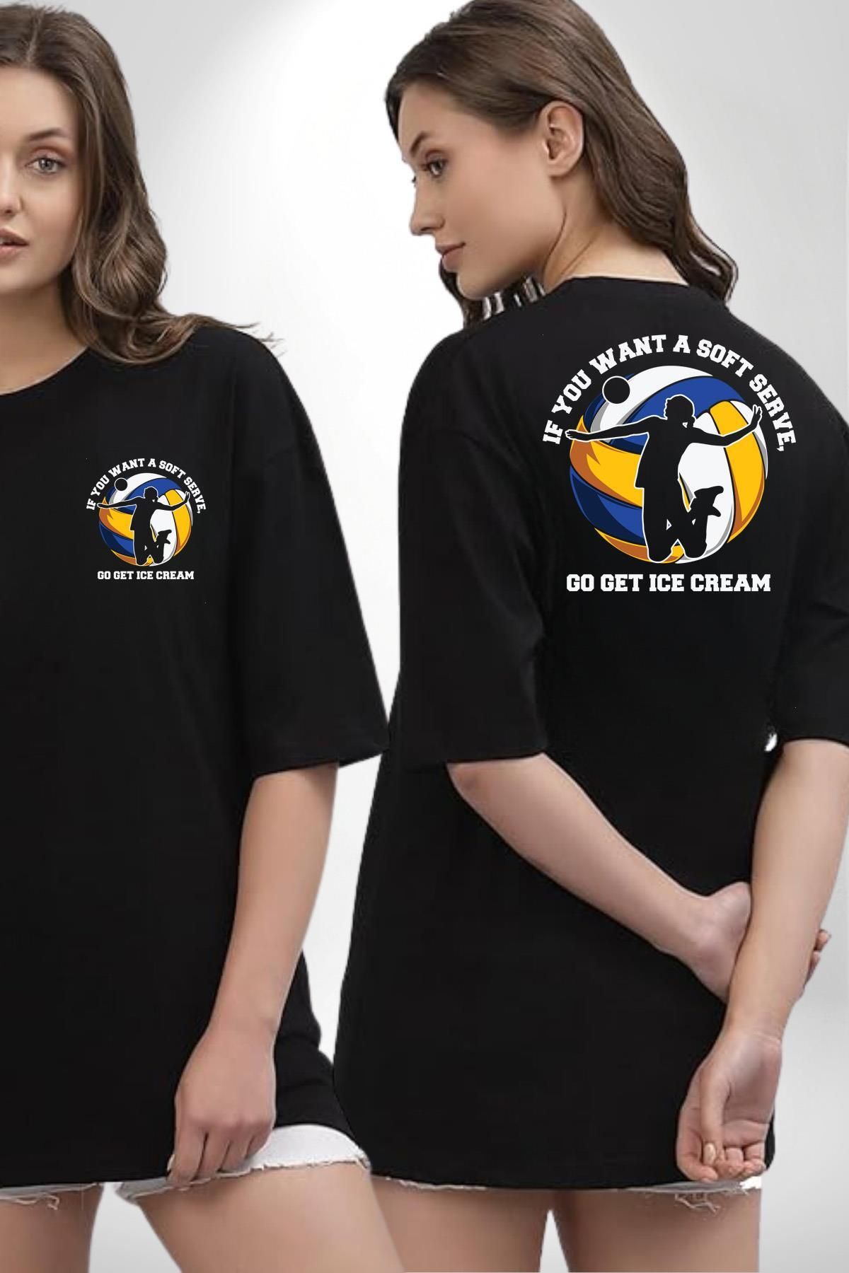 Angemiel Eğlenceli Voleybol Yaz Siyah Oversize Kadın Erkek Ön ve Sırt Baskılı Tişört