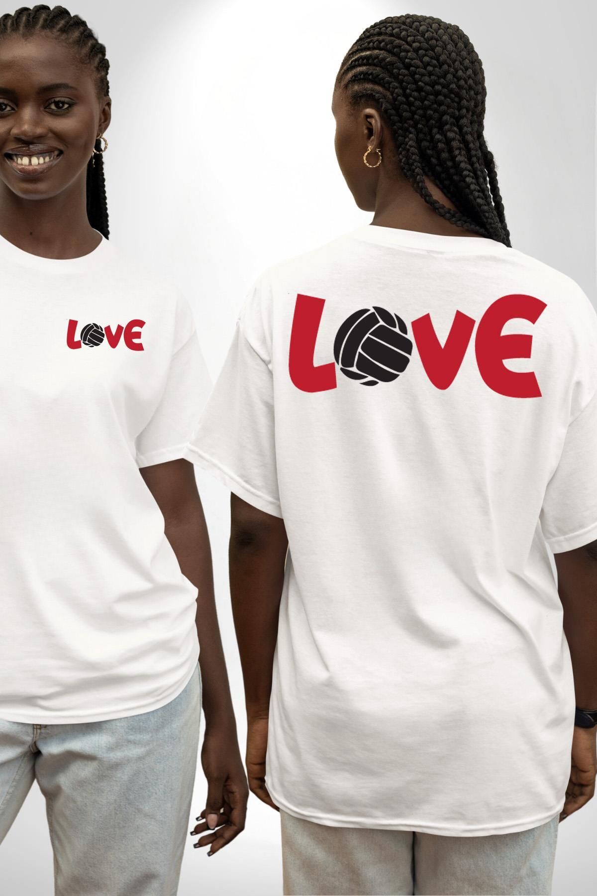Angemiel Love Voleybol Aşkı Beyaz Oversize Kadın Erkek Ön ve Sırt Baskılı Tişört