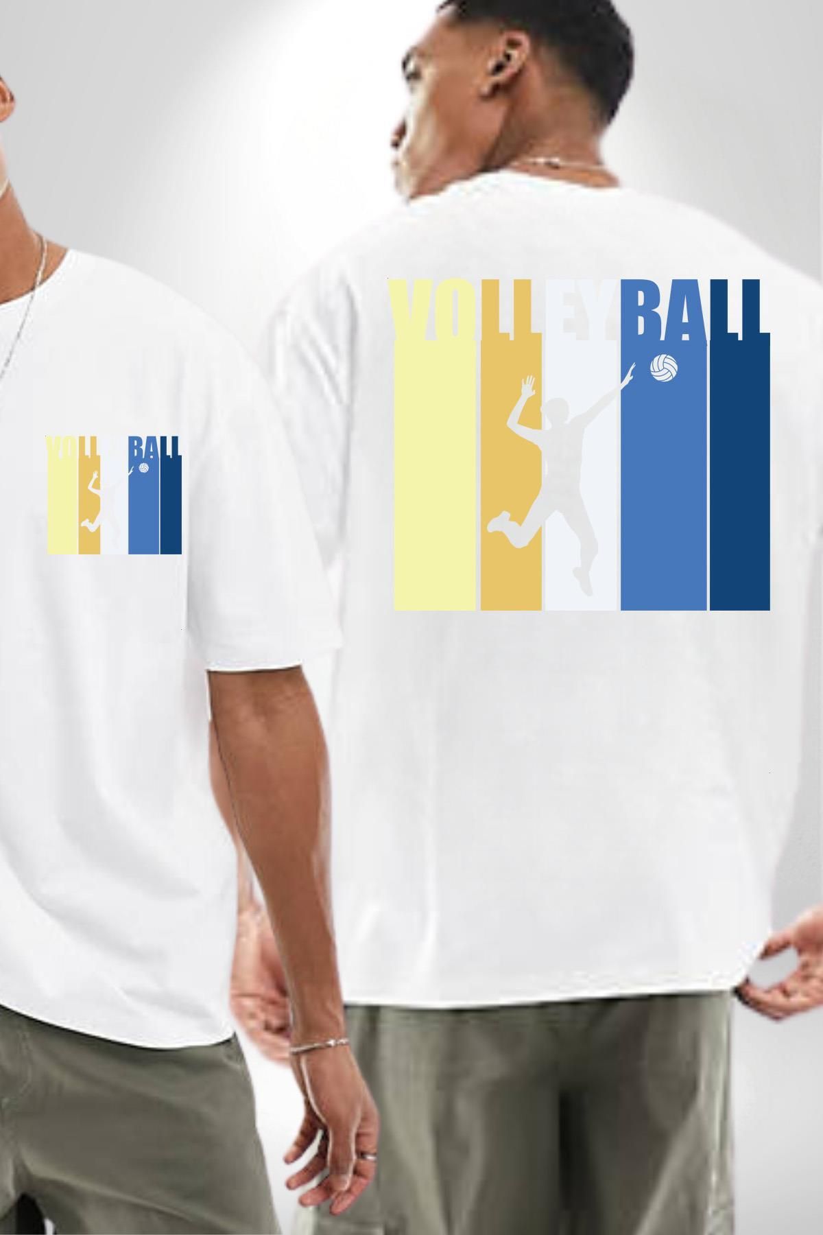 Angemiel Voleybol Yazılı Renkli Enerjik Tasarım Beyaz Oversize Kadın Erkek Ön ve Sırt Baskılı Tişört