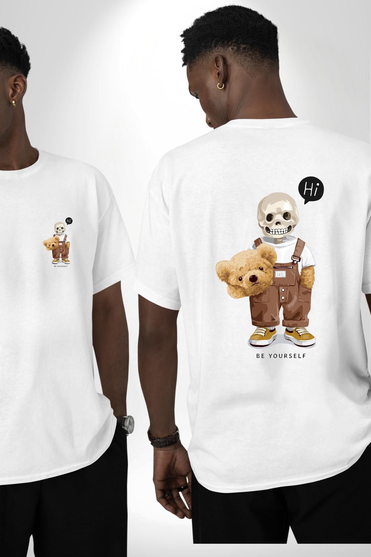 Angemiel Kendin Ol Baskılı Kurukafa Ayı Teddy Beyaz Oversize Kadın Erkek Ön ve Sırt Baskılı Tişört