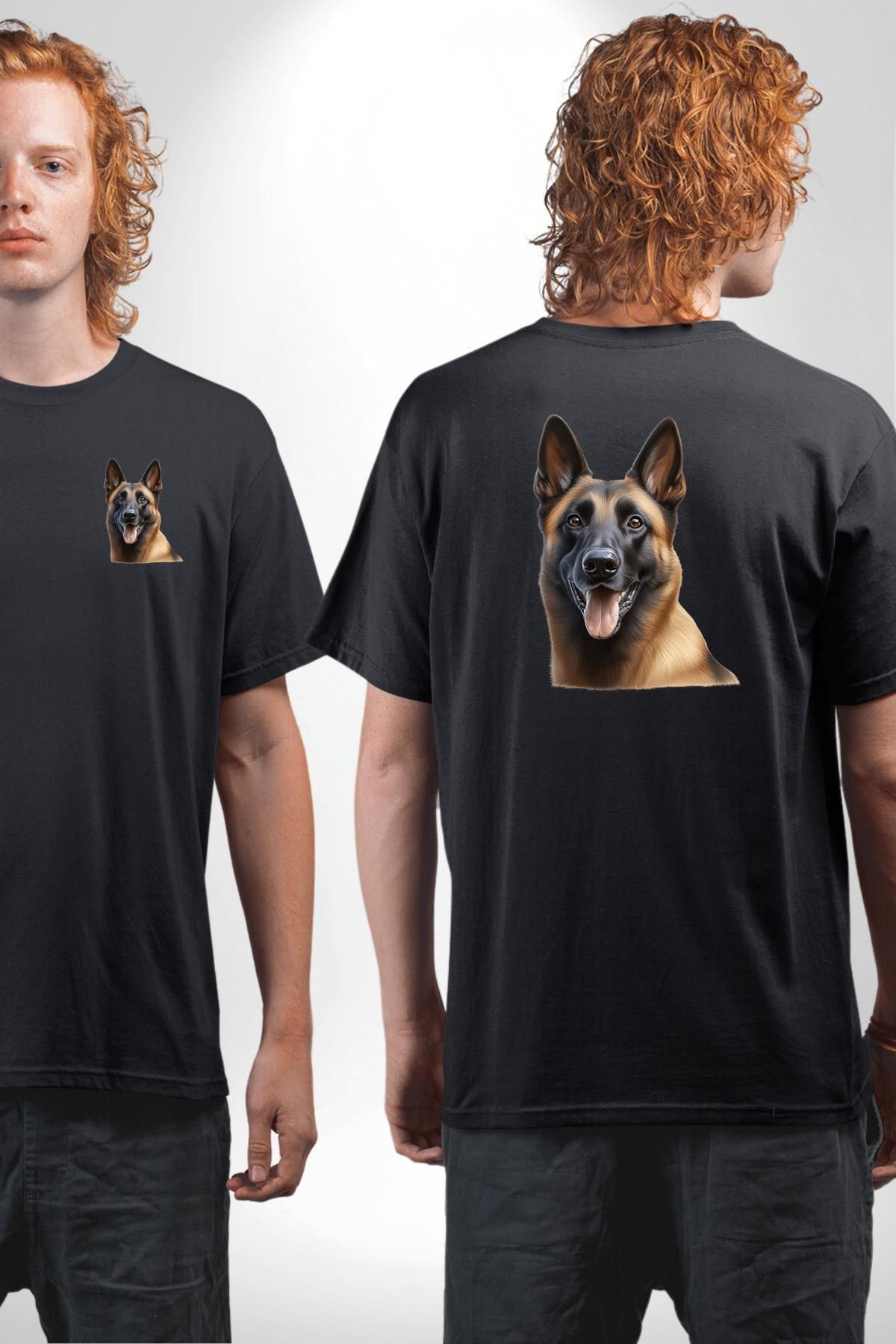Angemiel Belçika Malinois Sevimli Köpek Siyah Oversize Kadın Erkek Ön ve Sırt Baskılı Tişört