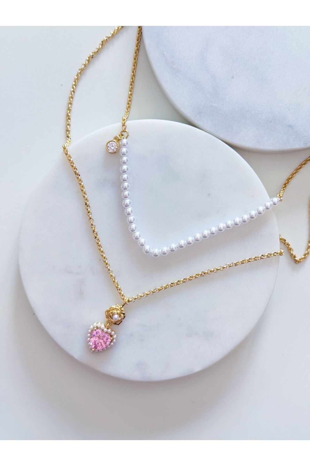 CHARMLUCKY ÖZEL SERİ 2Lİ İNCİ PEMBE KALP KOLYE