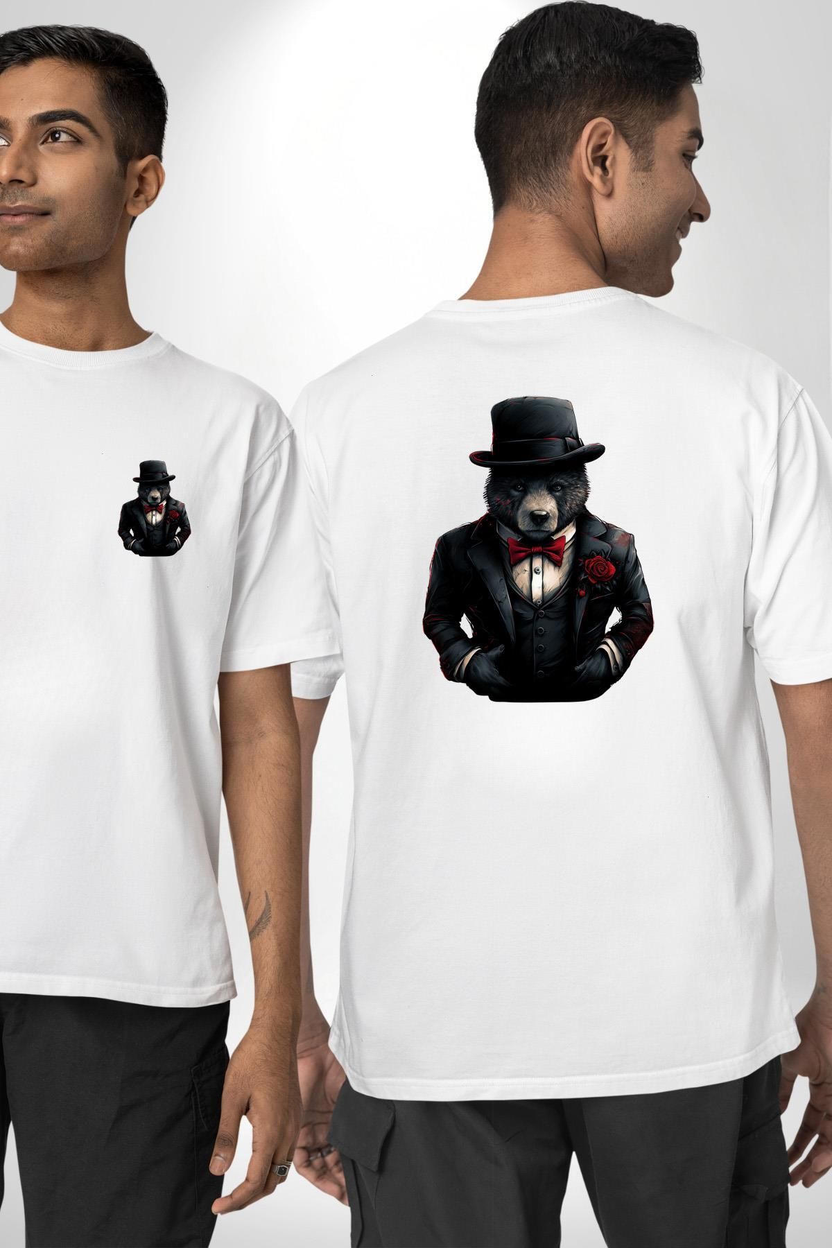 Angemiel Baba Ayı Mafia Tarzı Teddy Beyaz Oversize Kadın Erkek Ön ve Sırt Baskılı Tişört