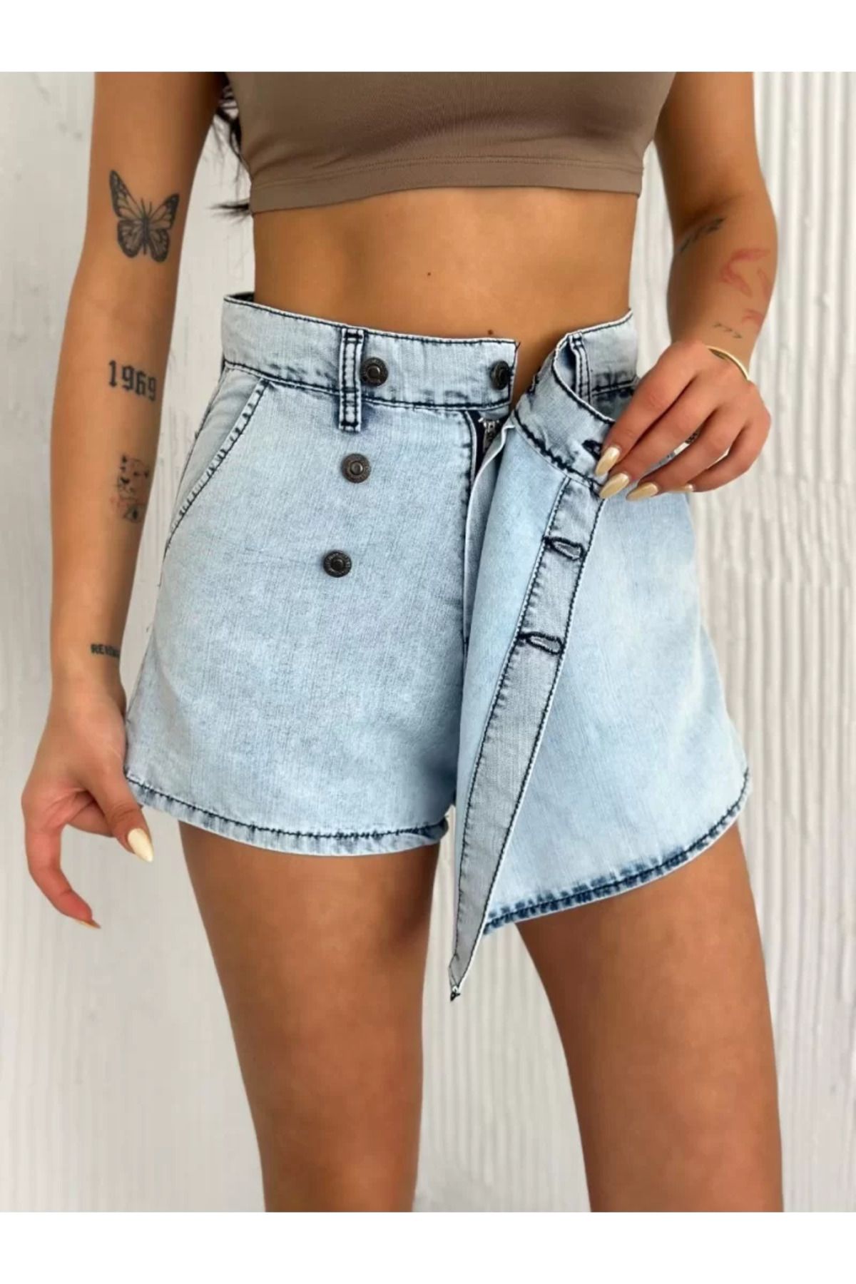 ruum fashions Kot Jeans Kesimetrik Kesim Cepli Şortlu Etek