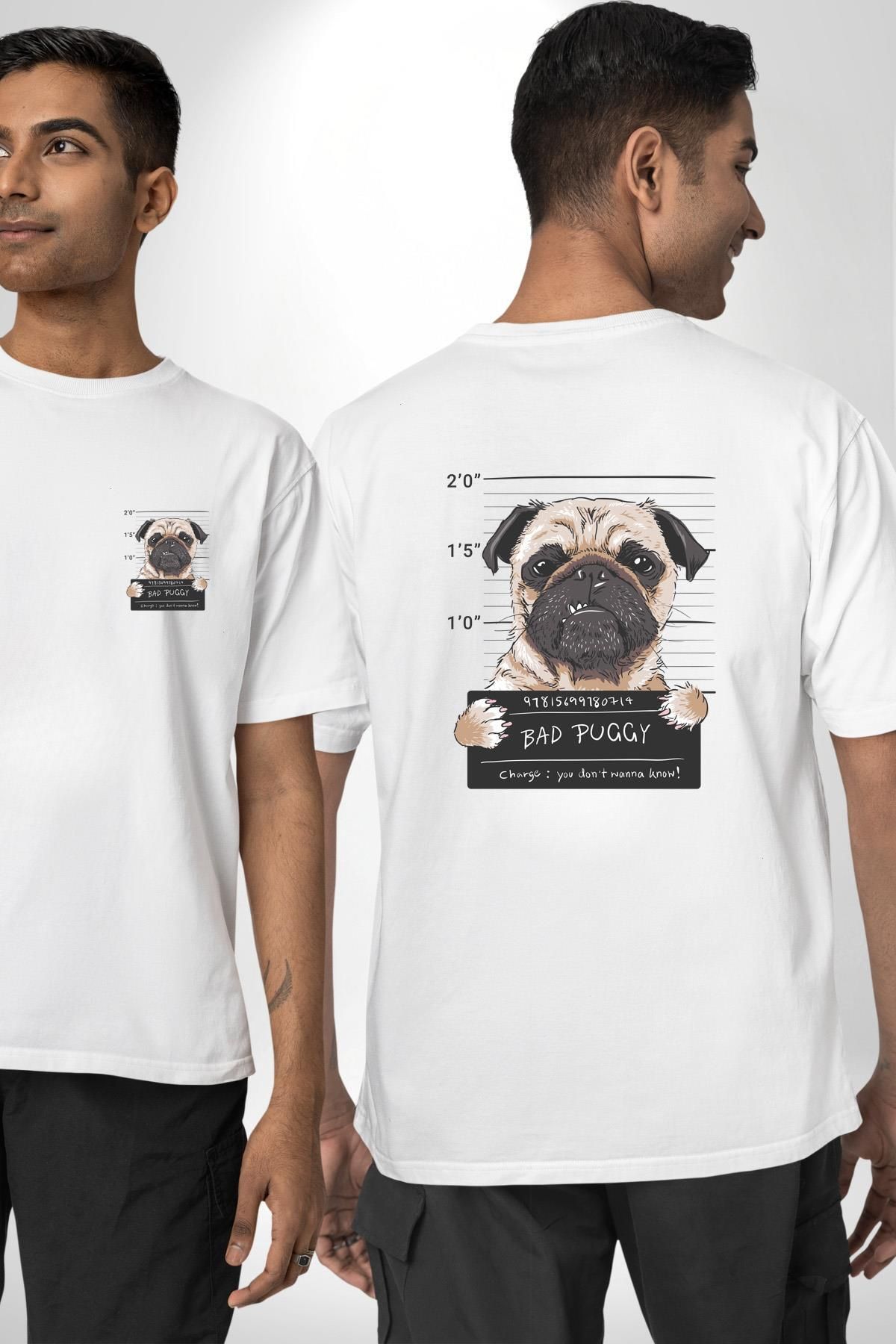 Angemiel Suçlu Pug Kötü Köpek Suçlu Yüz Beyaz Oversize Kadın Erkek Ön ve Sırt Baskılı Tişört