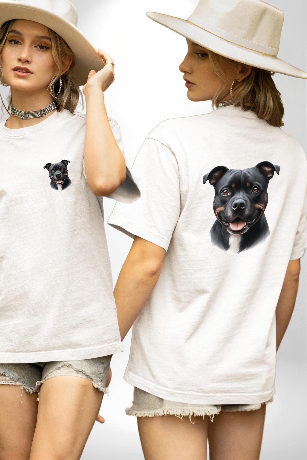 Angemiel Staffordshire Bull Terrier Köpek Tasarımı Beyaz Oversize Kadın Erkek Ön ve Sırt Baskılı Tişört