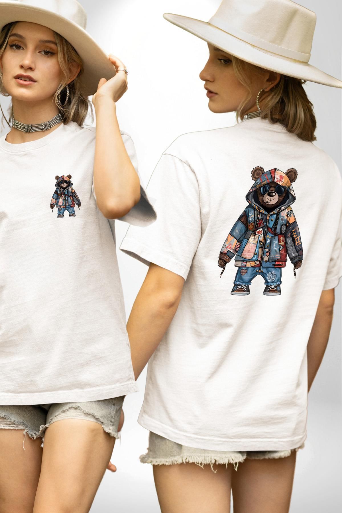 Angemiel Geri Dönüşümlü Sokak Modası Ayıcık Patchwork Beyaz Oversize Kadın Erkek Ön ve Sırt Baskılı Tişört