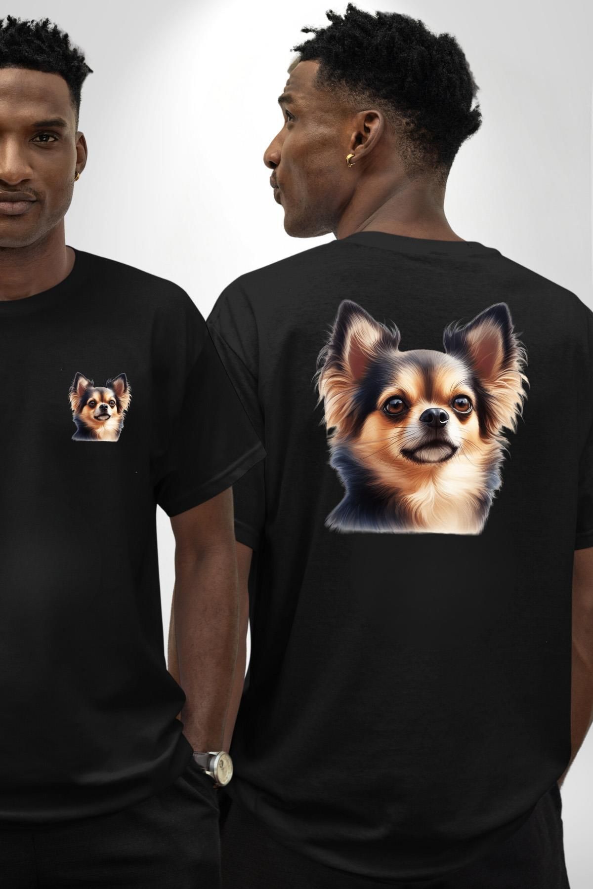 Angemiel Sevimli Chihuahua Küçük Irk Köpek Siyah Oversize Kadın Erkek Ön ve Sırt Baskılı Tişört