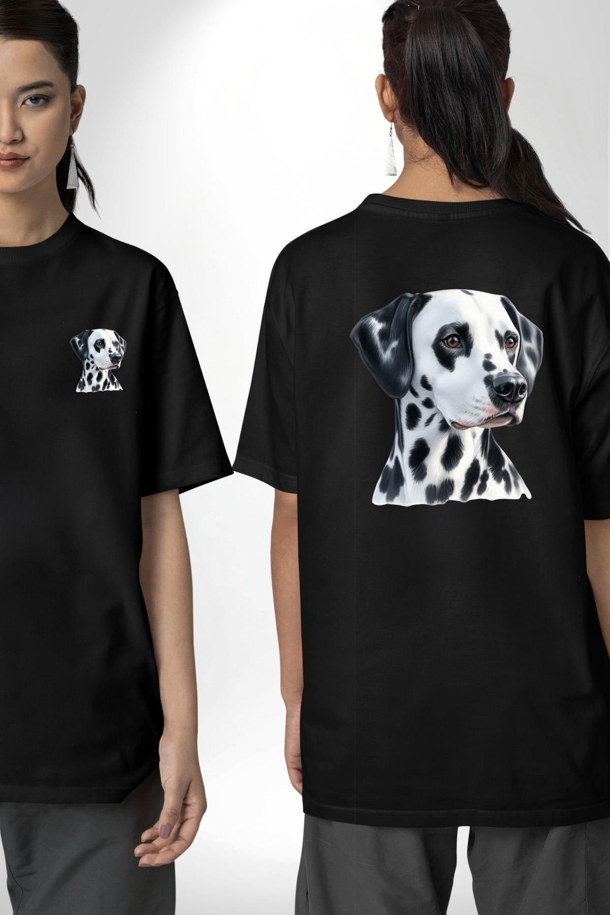 Angemiel Dalmaçya Köpek Siyah Oversize Kadın Erkek Ön ve Sırt Baskılı Tişört