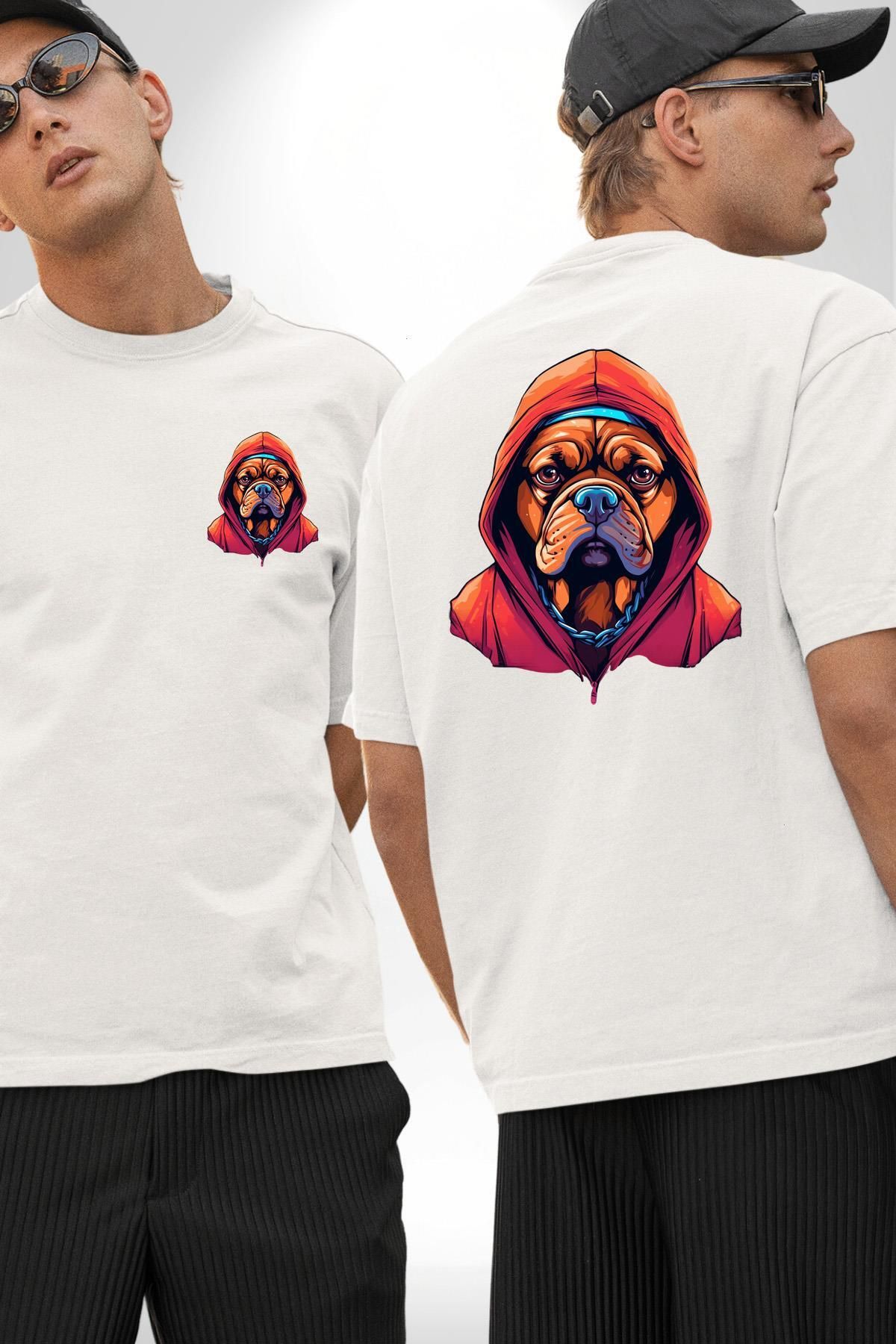 Angemiel Cool Gangster Zincirli Kapüşonlu Köpek Beyaz Oversize Kadın Erkek Ön ve Sırt Baskılı Tişört