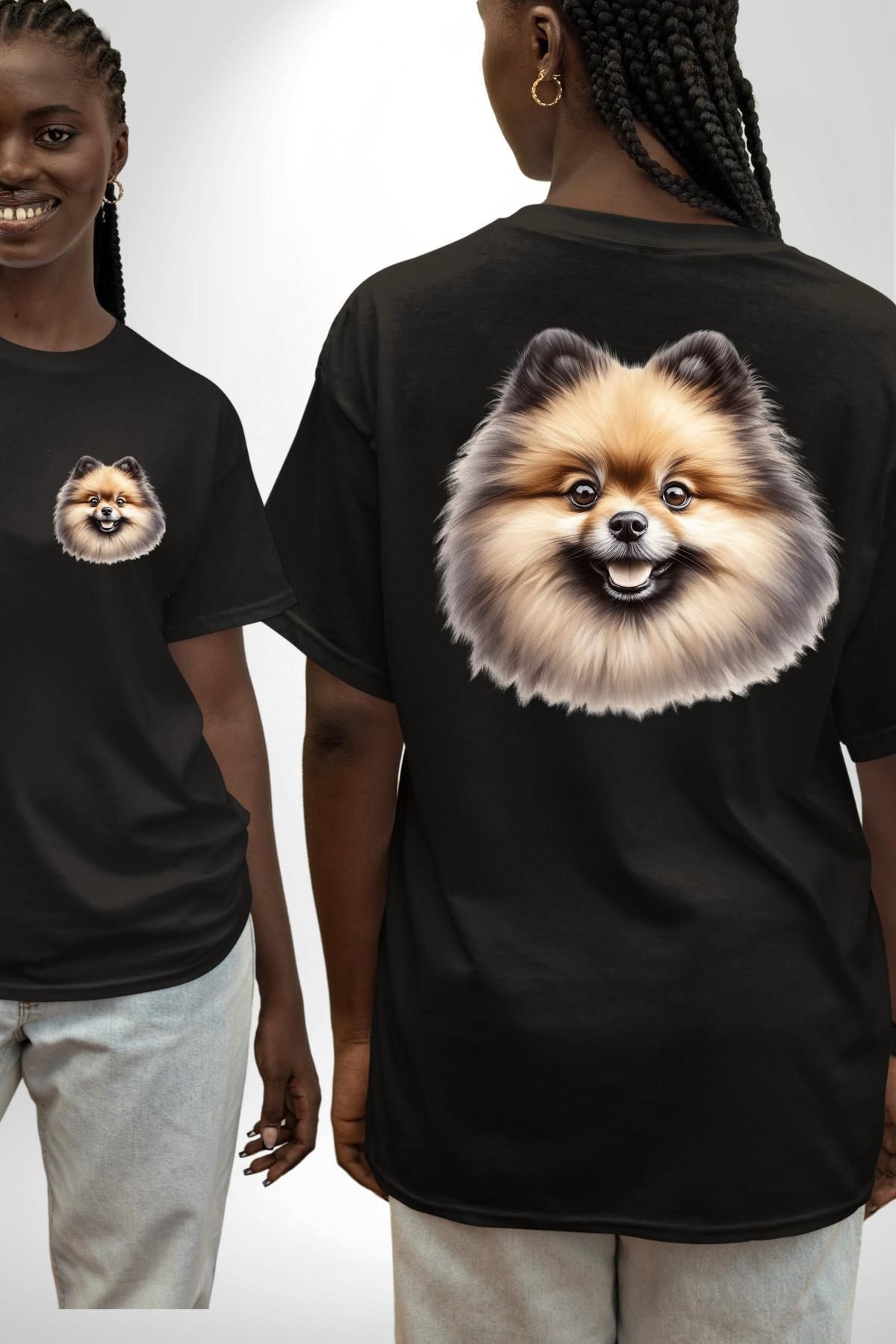 Angemiel Efsane Pomeranian Küçük Irk Köpek Tasarımı Siyah Oversize Kadın Erkek Ön ve Sırt Baskılı Tişört